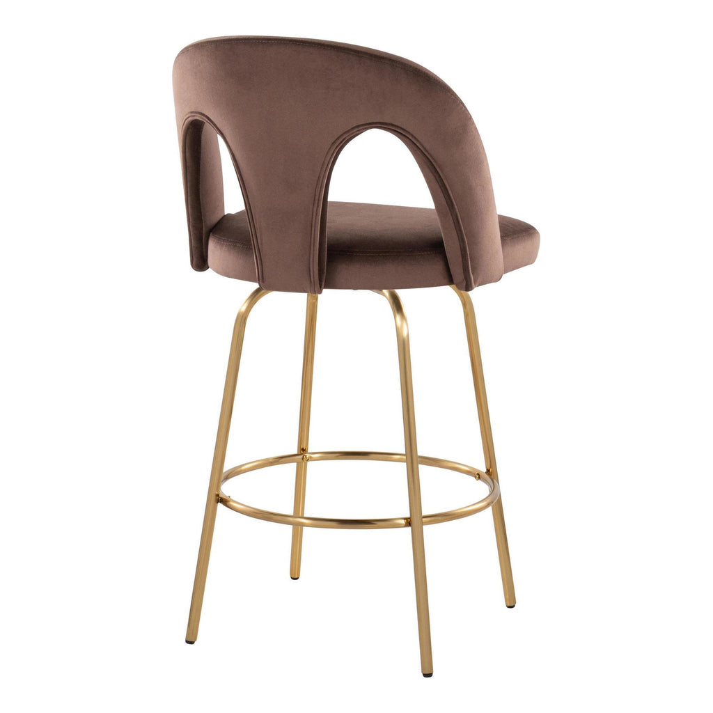 Ava Upholstered 26" Fixed-Height Counter Stool - Set of 2 - Gold Metal, Espresso Velvet