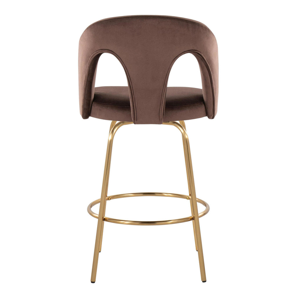 Ava Upholstered 26" Fixed-Height Counter Stool - Set of 2 - Gold Metal, Espresso Velvet