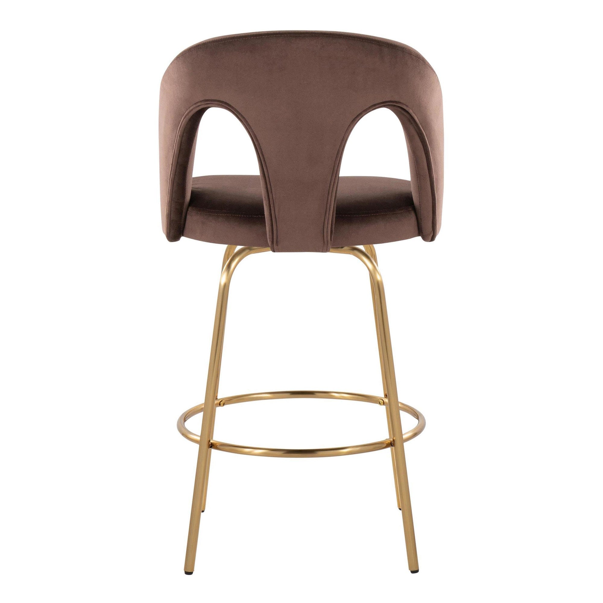 Ava Upholstered 26" Fixed-Height Counter Stool - Set of 2 - Gold Metal, Espresso Velvet