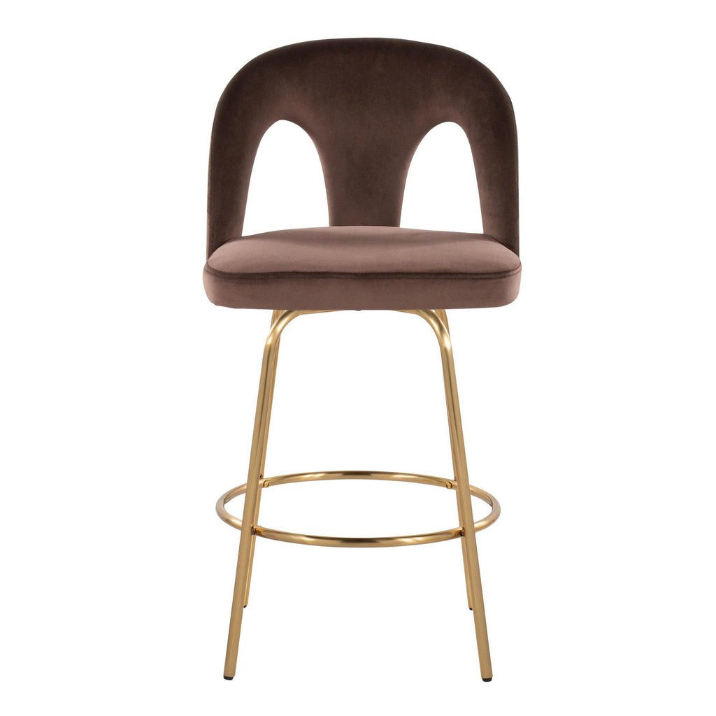 Ava Upholstered 26" Fixed-Height Counter Stool - Set of 2 - Gold Metal, Espresso Velvet
