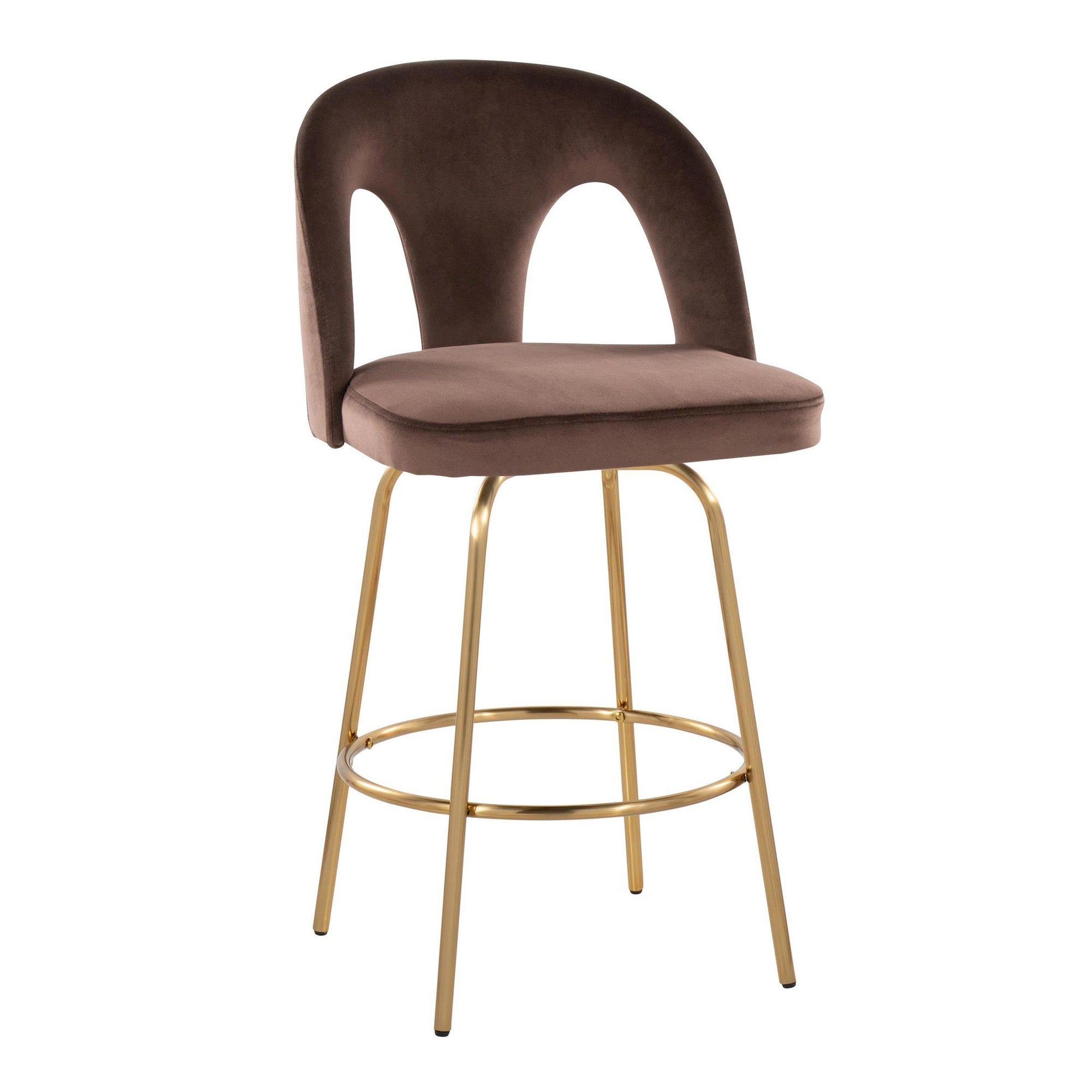 Ava Upholstered 26" Fixed-Height Counter Stool - Set of 2 - Gold Metal, Espresso Velvet