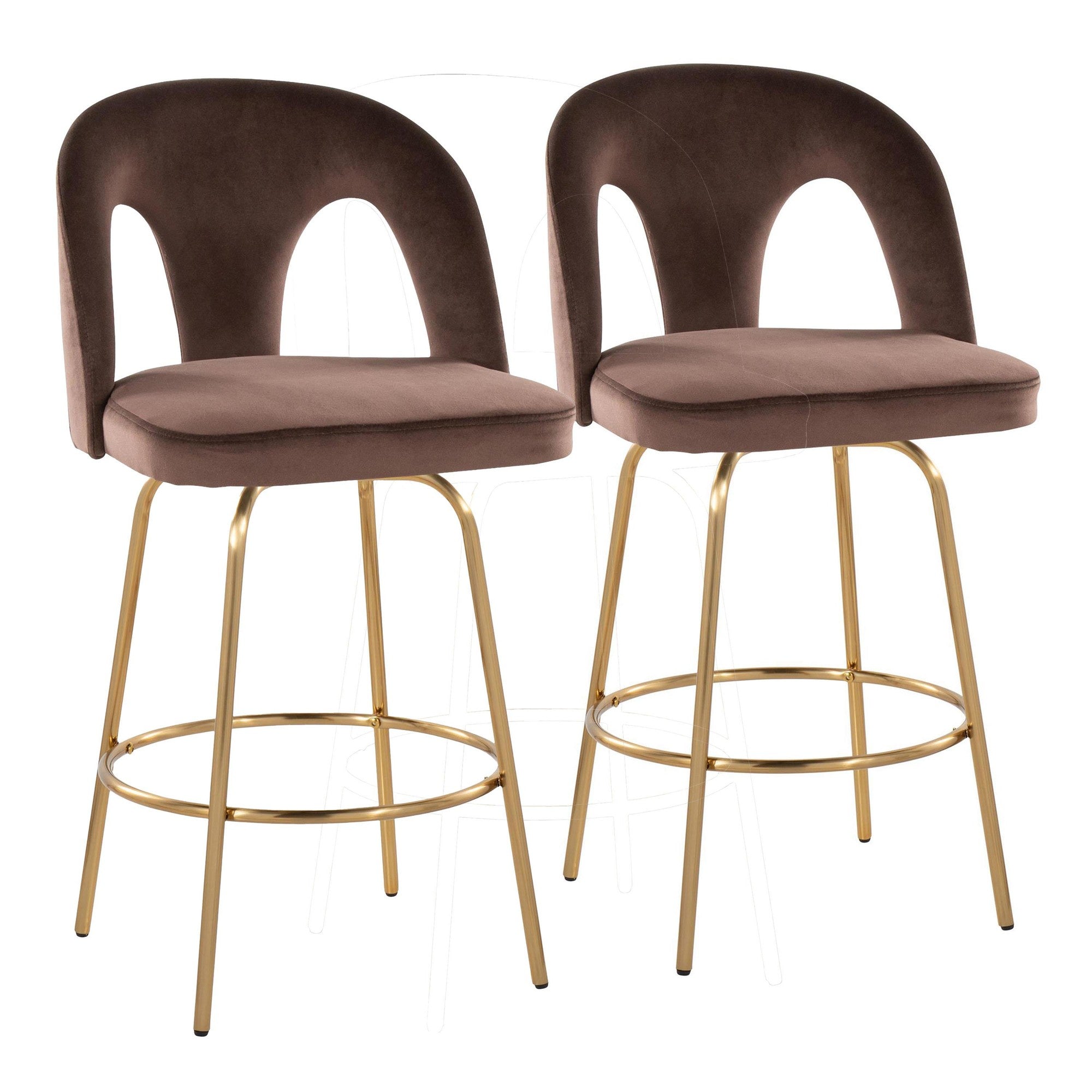 Ava Upholstered 26" Fixed-Height Counter Stool - Set of 2 - Gold Metal, Espresso Velvet