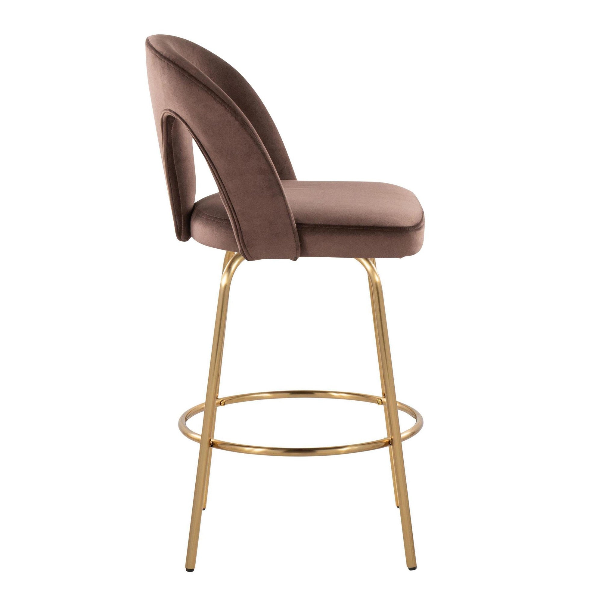 Ava Upholstered 26" Fixed-Height Counter Stool - Set of 2 - Gold Metal, Espresso Velvet
