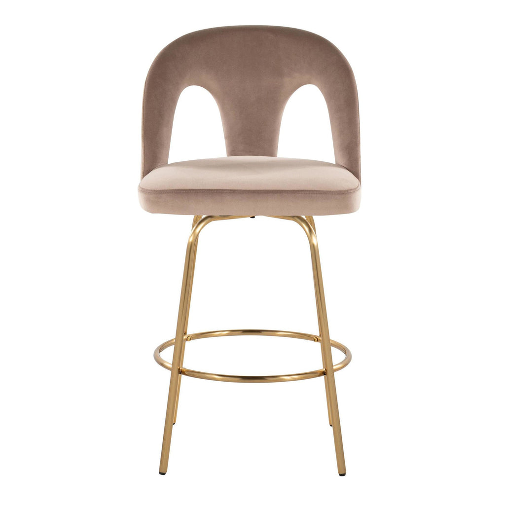 Ava Upholstered 26" Fixed-Height Counter Stool - Set of 2 - Gold Metal, Taupe Velvet
