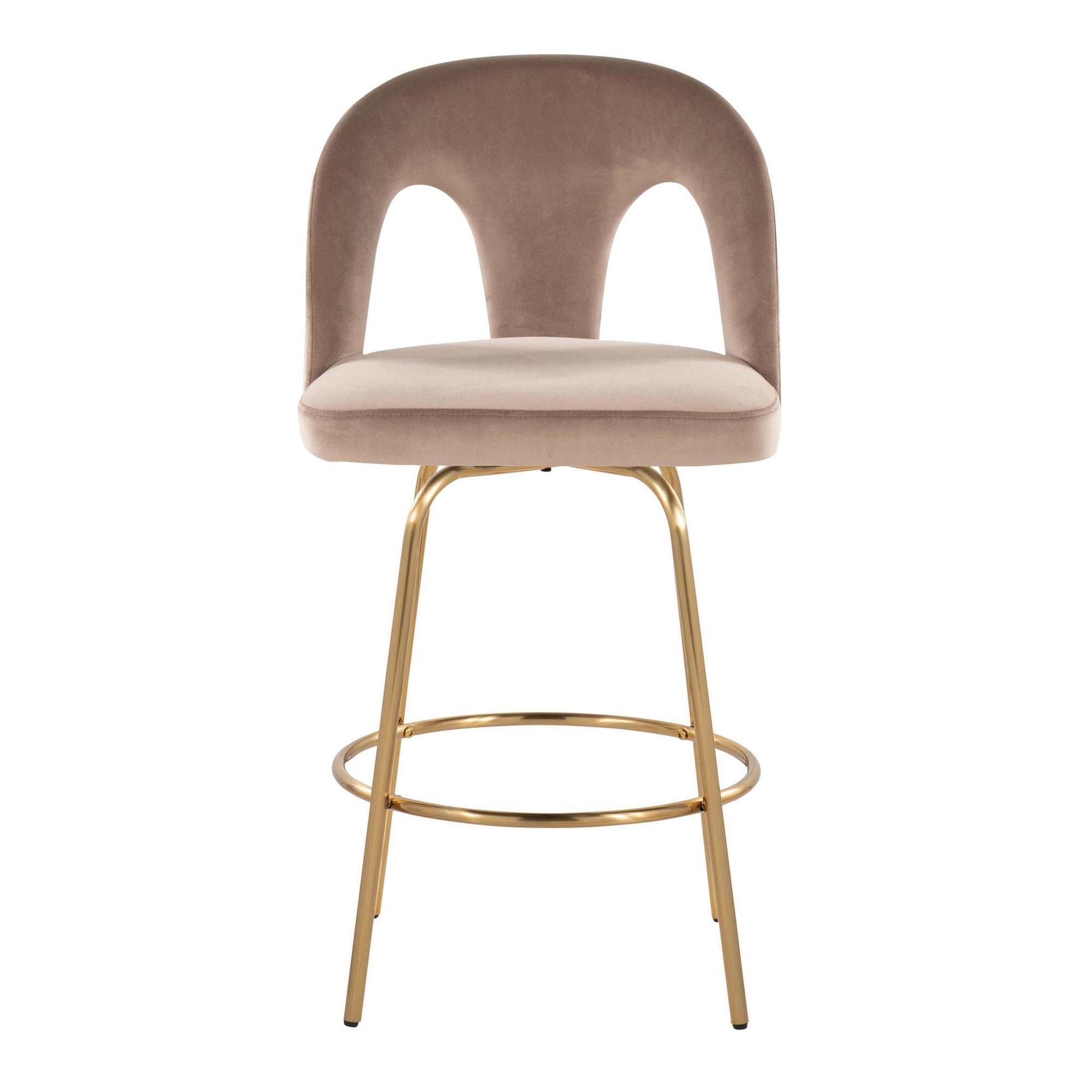 Ava Upholstered 26" Fixed-Height Counter Stool - Set of 2 - Gold Metal, Taupe Velvet