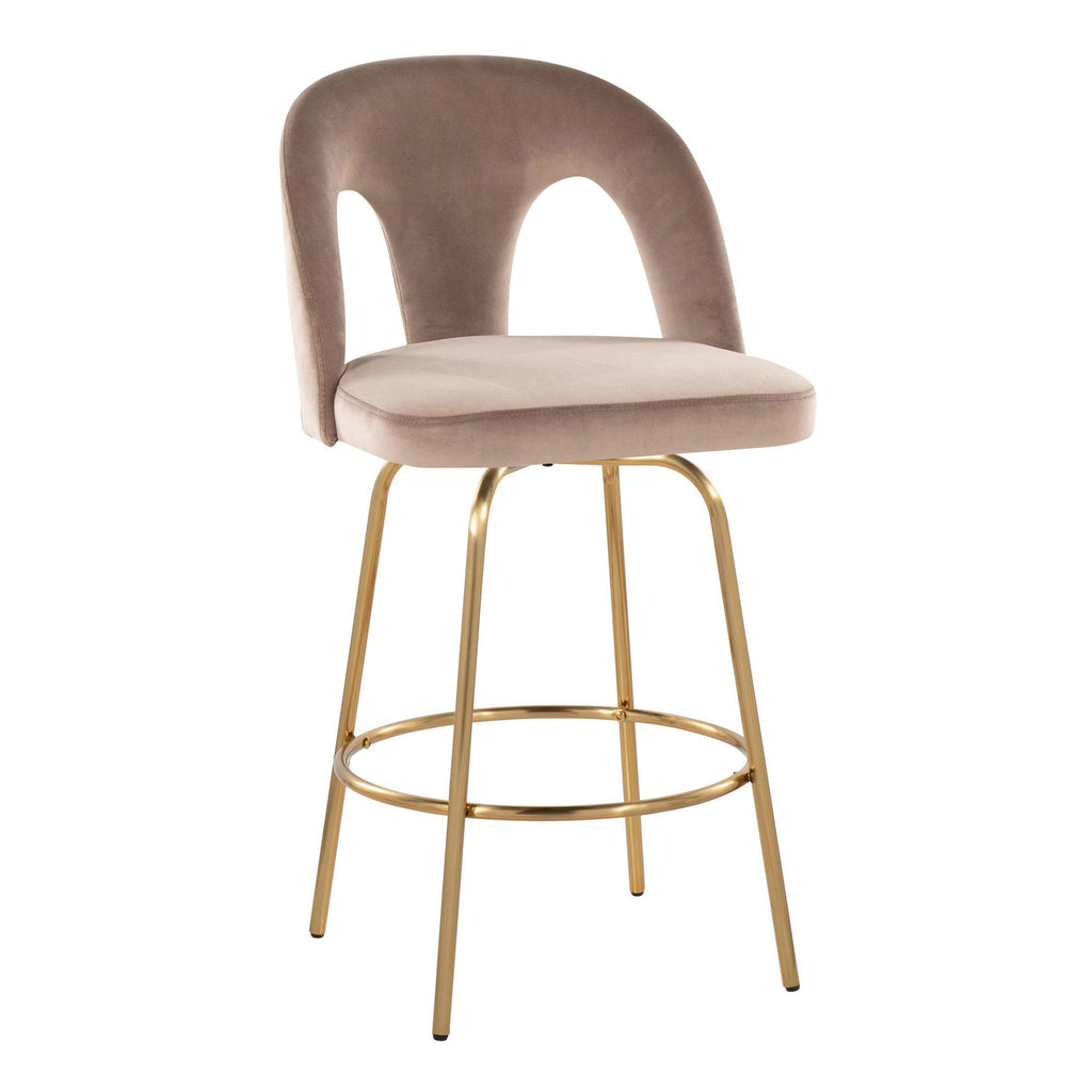 Ava Upholstered 26" Fixed-Height Counter Stool - Set of 2 - Gold Metal, Taupe Velvet