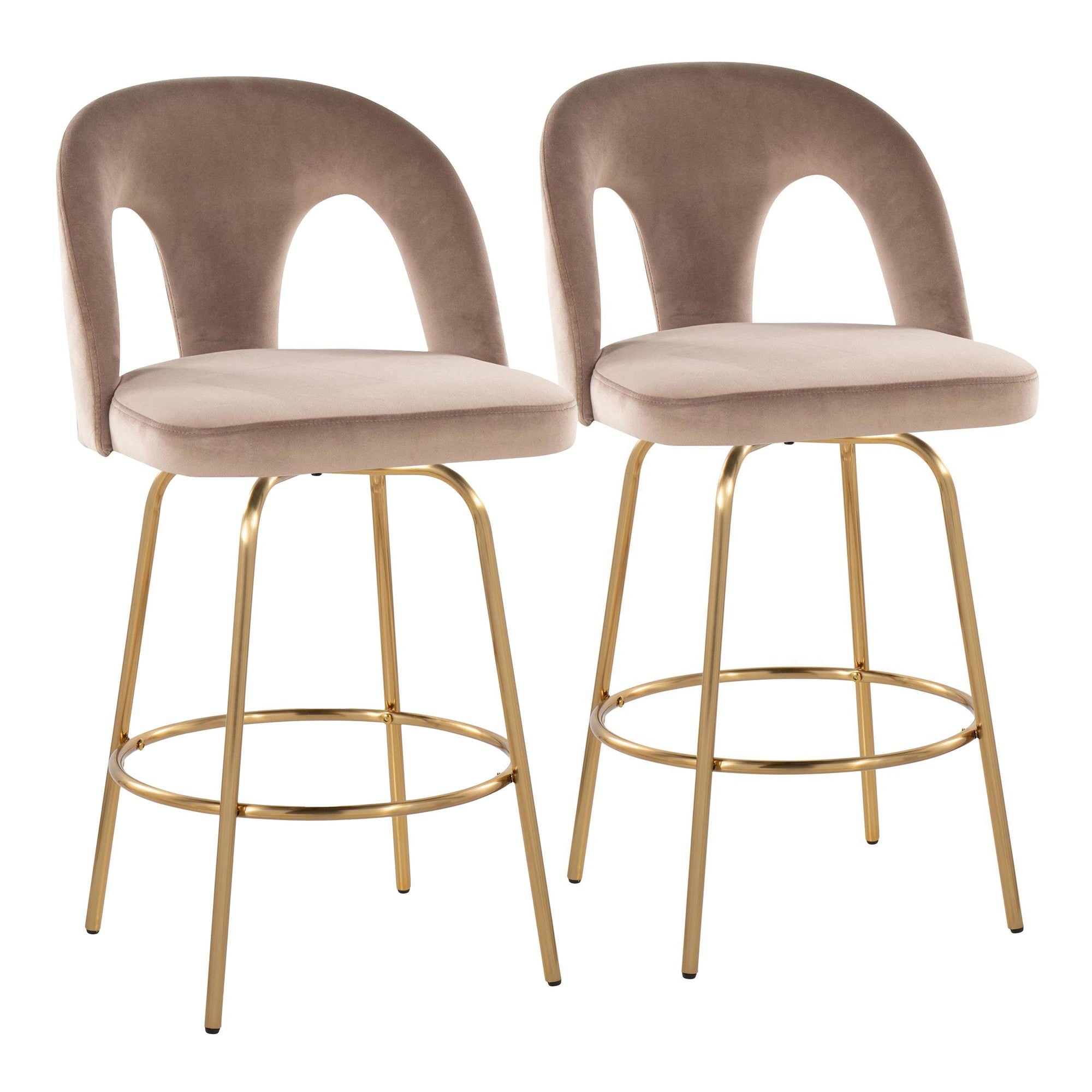 Ava Upholstered 26" Fixed-Height Counter Stool - Set of 2 - Gold Metal, Taupe Velvet