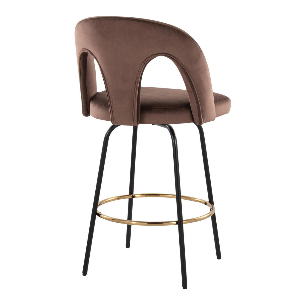 Ava Upholstered 26" Fixed-Height Counter Stool - Set of 2 - Black Metal, Espresso Velvet, Gold Metal