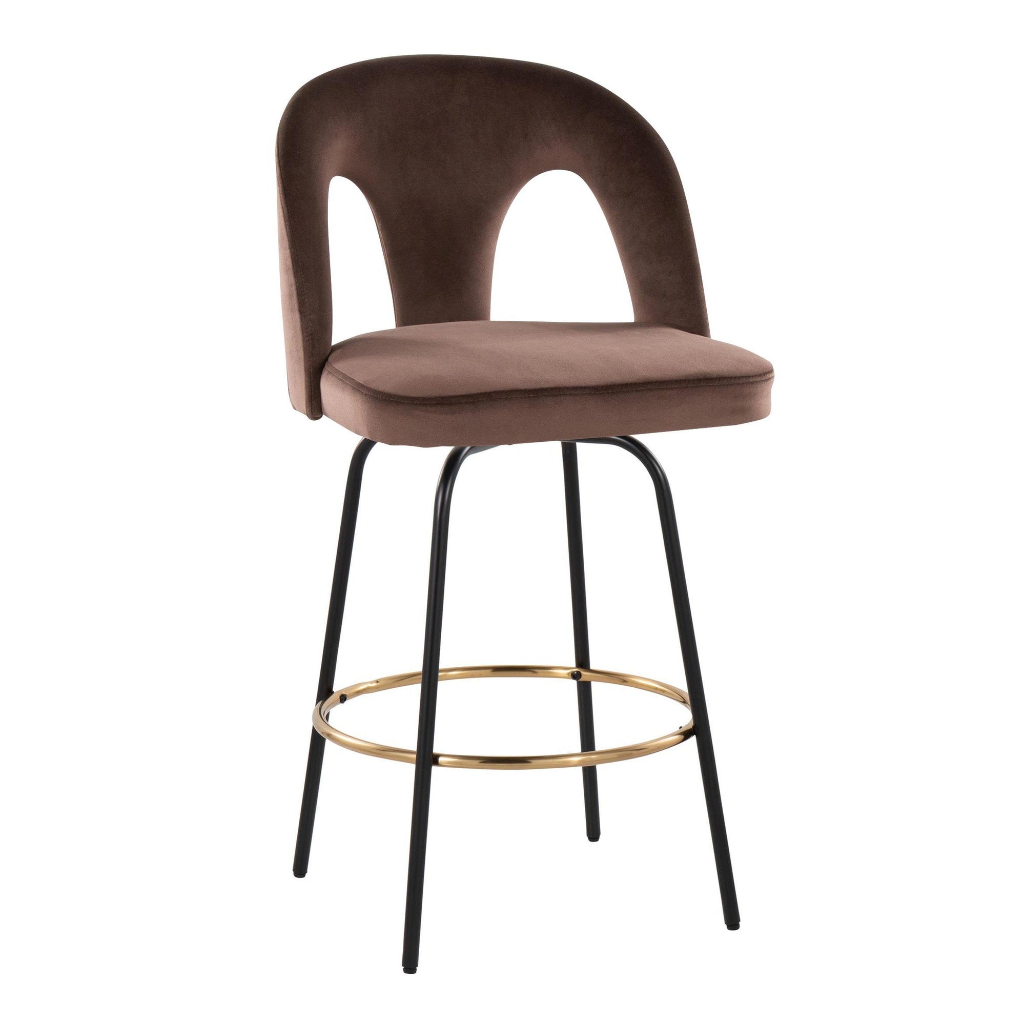 Ava Upholstered 26" Fixed-Height Counter Stool - Set of 2 - Black Metal, Espresso Velvet, Gold Metal