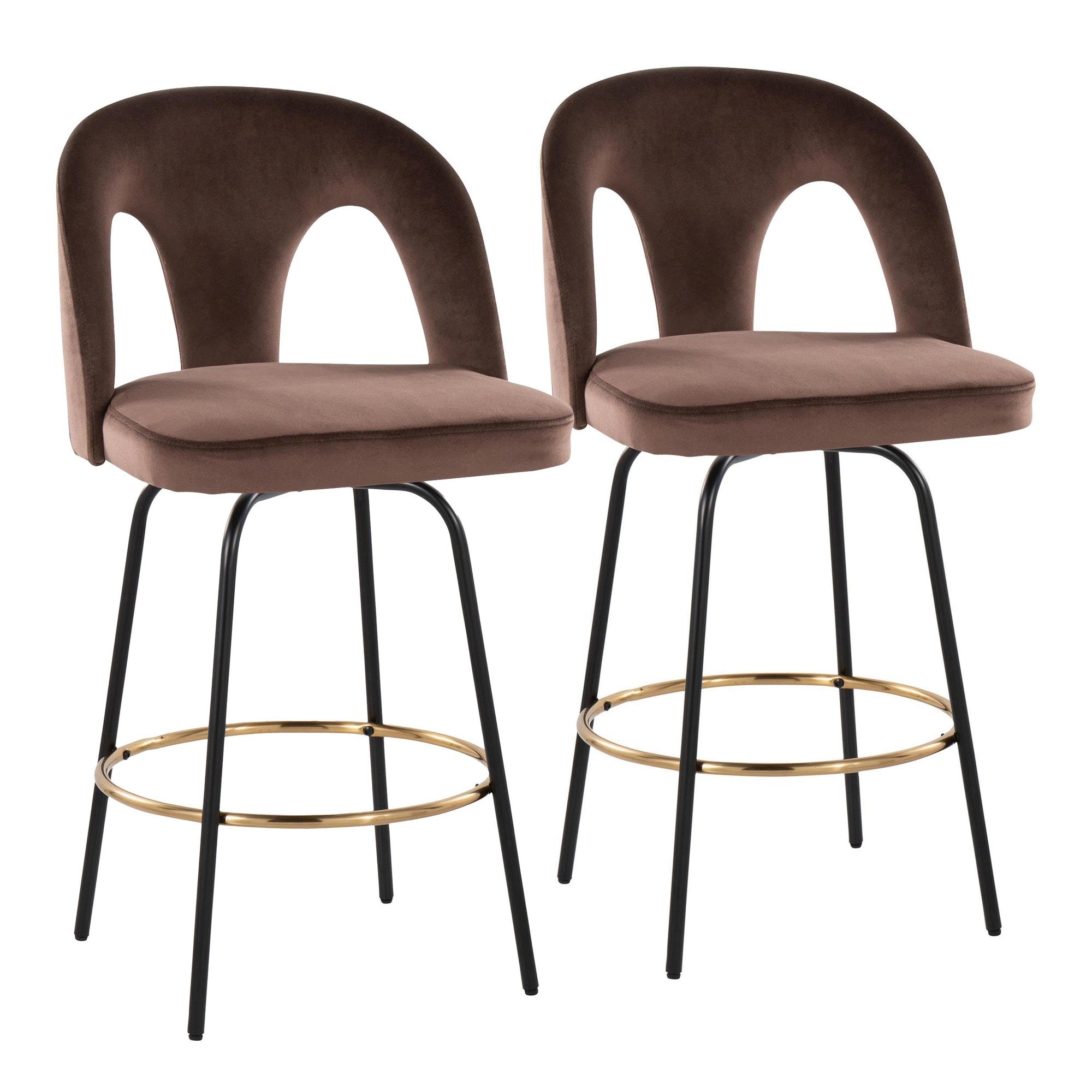 Ava Upholstered 26" Fixed-Height Counter Stool - Set of 2 - Black Metal, Espresso Velvet, Gold Metal