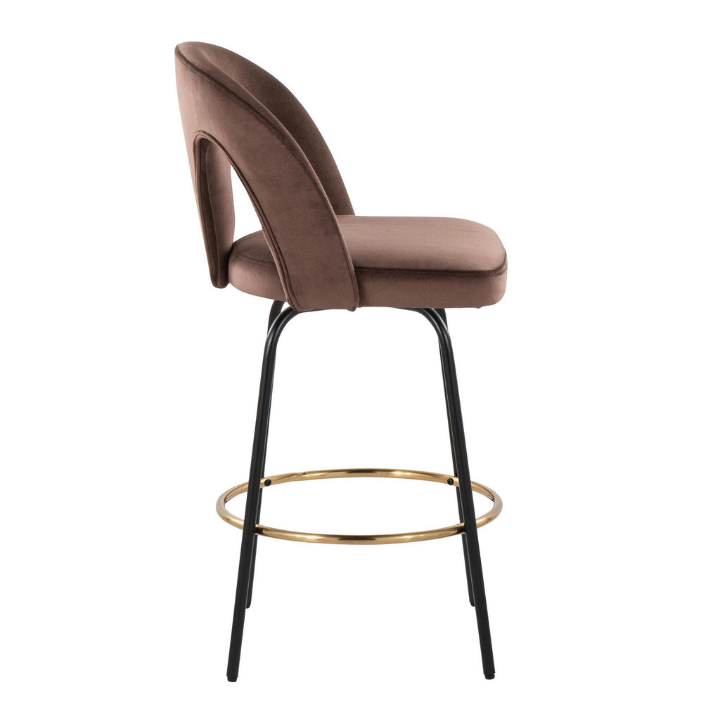 Ava Upholstered 26" Fixed-Height Counter Stool - Set of 2 - Black Metal, Espresso Velvet, Gold Metal