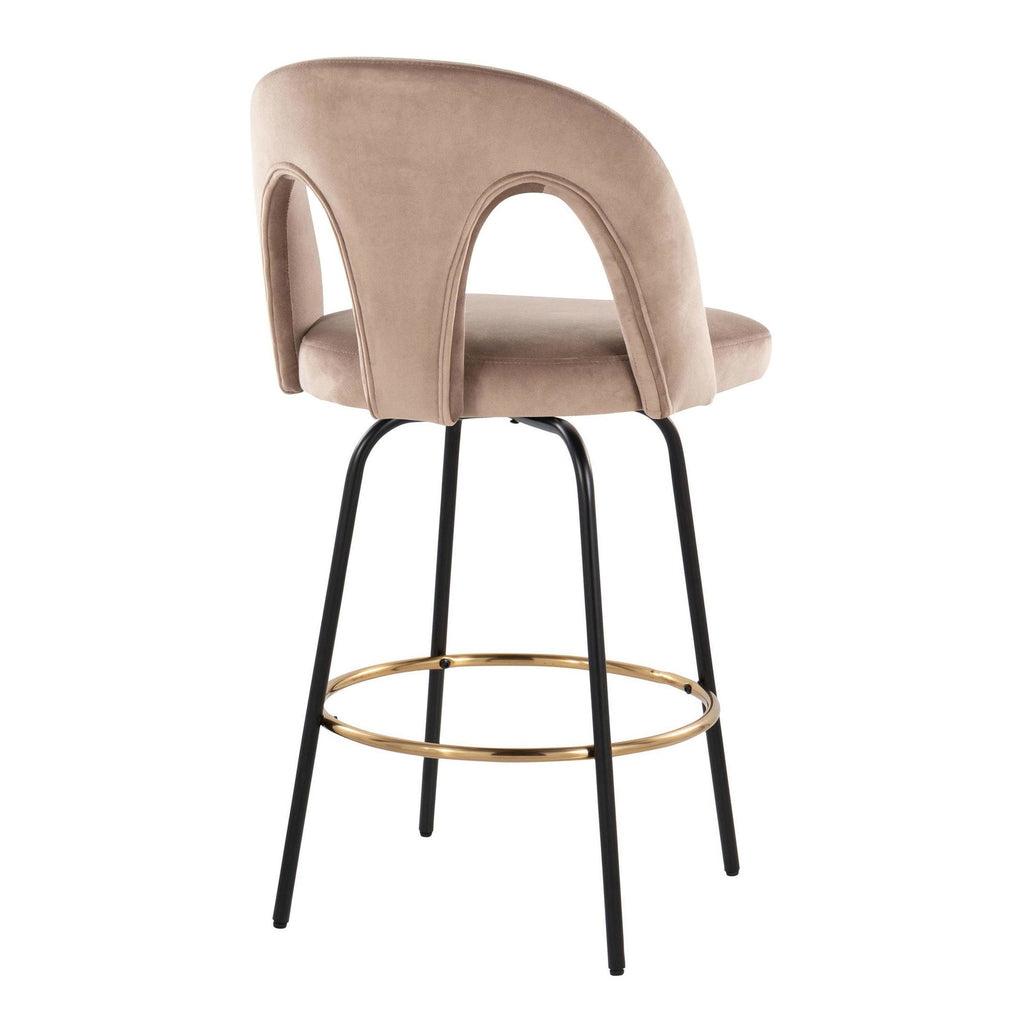 Ava Upholstered 26" Fixed-Height Counter Stool - Set of 2 - Black Metal, Taupe Velvet, Gold Metal
