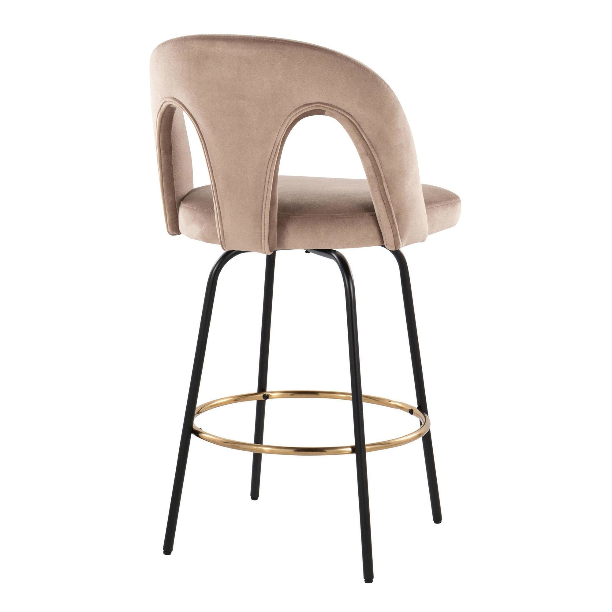 Ava Upholstered 26" Fixed-Height Counter Stool - Set of 2 - Black Metal, Taupe Velvet, Gold Metal
