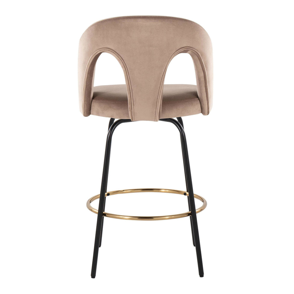 Ava Upholstered 26" Fixed-Height Counter Stool - Set of 2 - Black Metal, Taupe Velvet, Gold Metal
