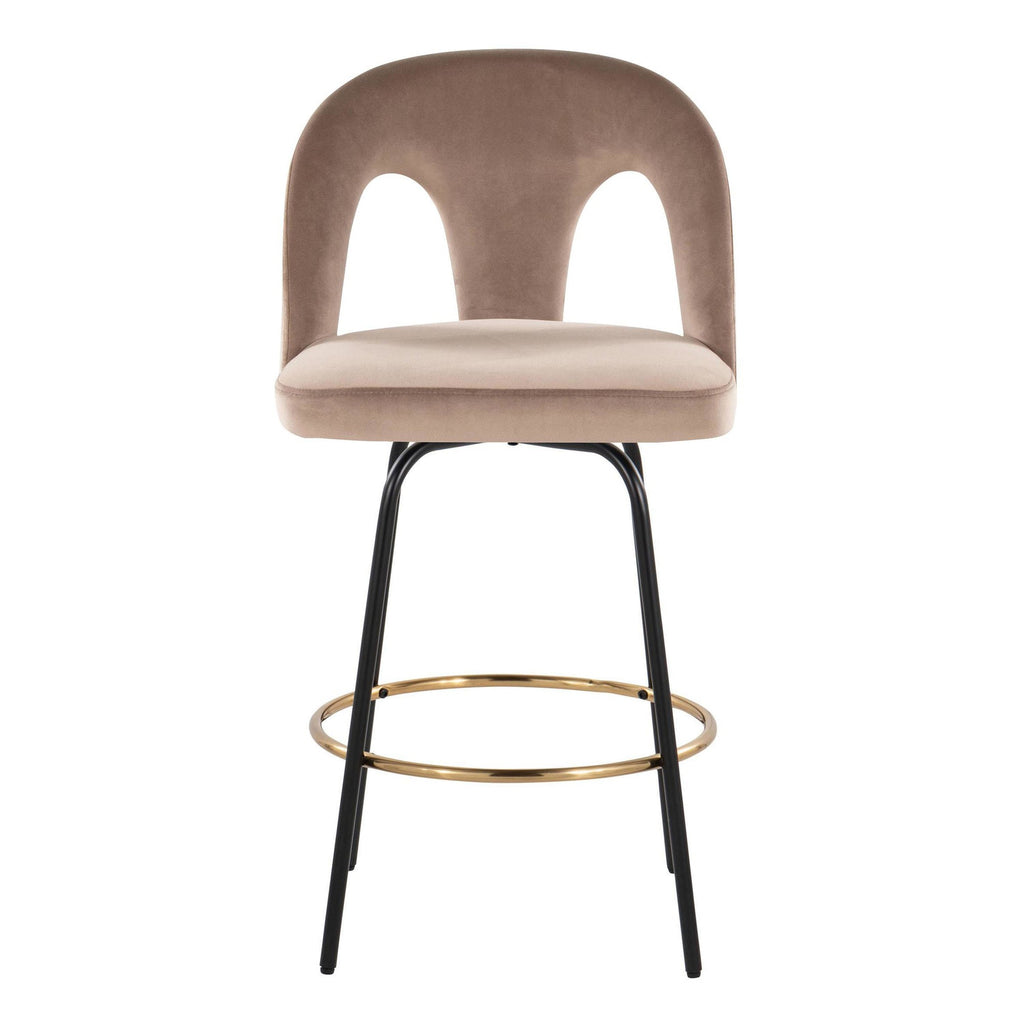 Ava Upholstered 26" Fixed-Height Counter Stool - Set of 2 - Black Metal, Taupe Velvet, Gold Metal
