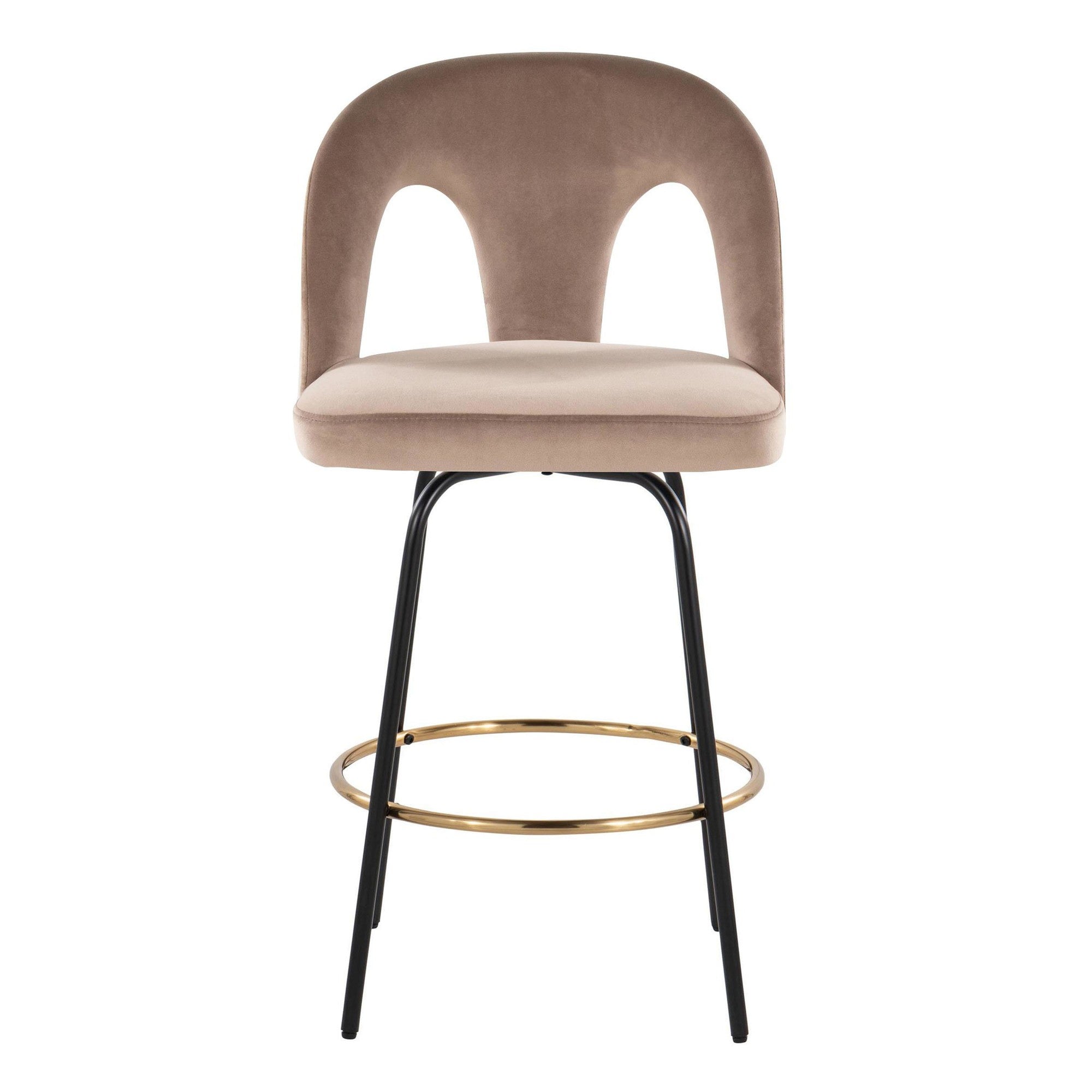 Ava Upholstered 26" Fixed-Height Counter Stool - Set of 2 - Black Metal, Taupe Velvet, Gold Metal