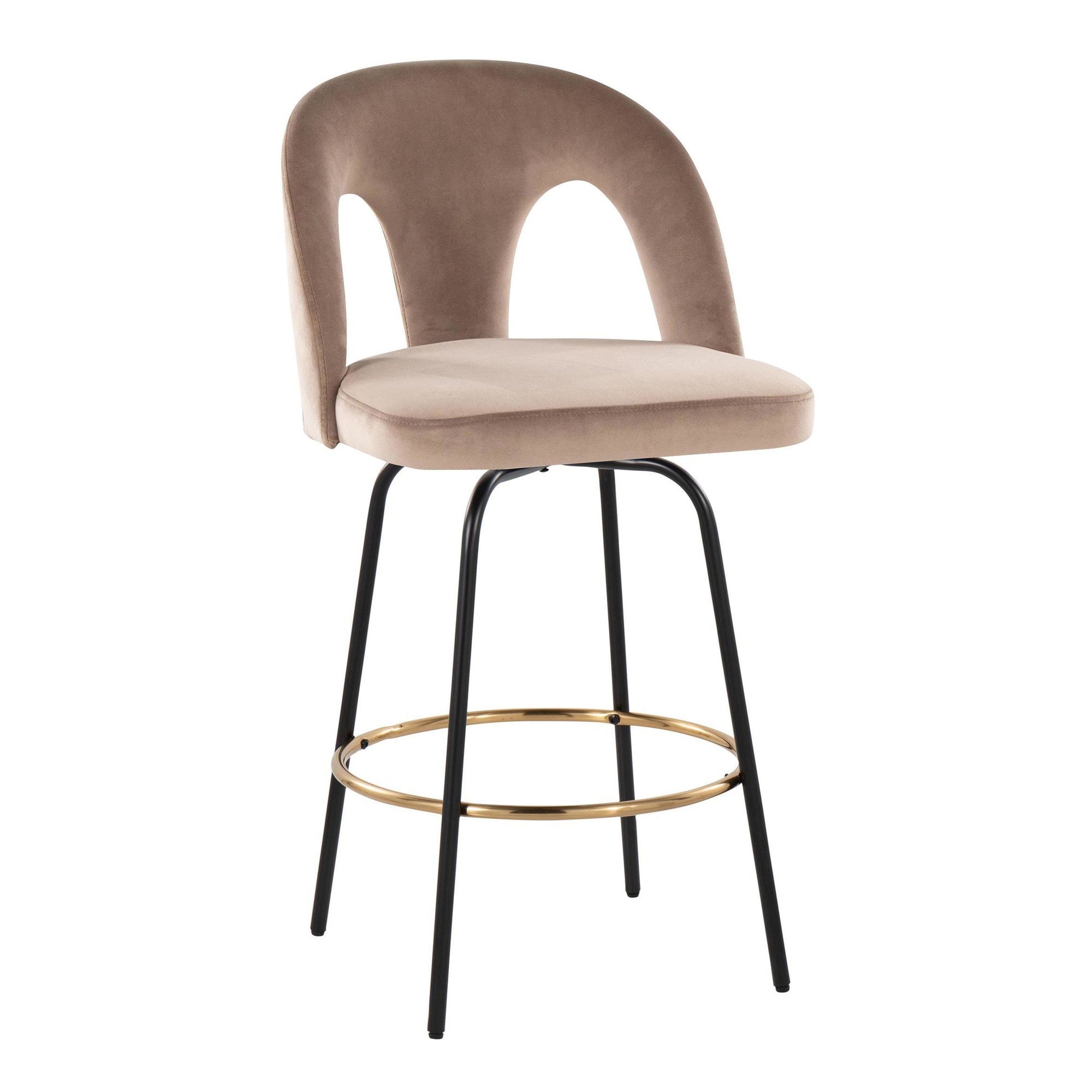 Ava Upholstered 26" Fixed-Height Counter Stool - Set of 2 - Black Metal, Taupe Velvet, Gold Metal
