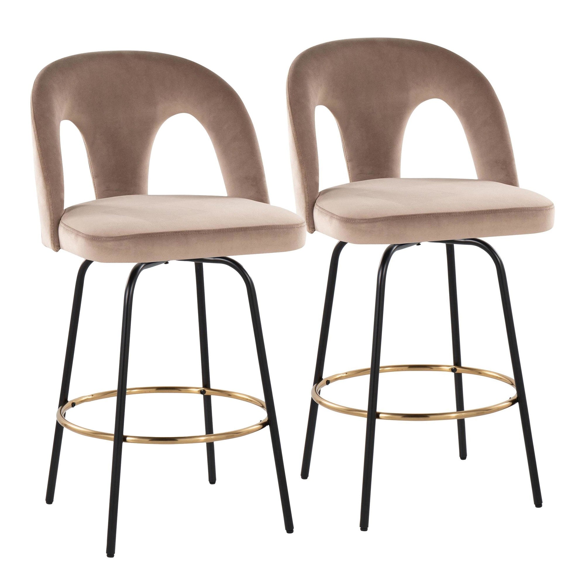 Ava Upholstered 26" Fixed-Height Counter Stool - Set of 2 - Black Metal, Taupe Velvet, Gold Metal