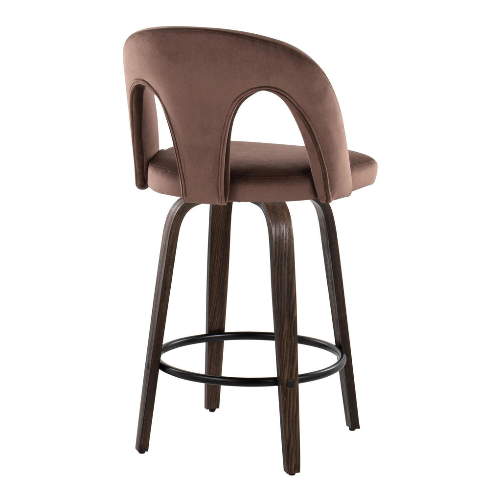 Ava Upholstered 26" Fixed-Height Counter Stool - Set of 2 - Walnut Glazed Wood, Espresso Velvet, Black Metal
