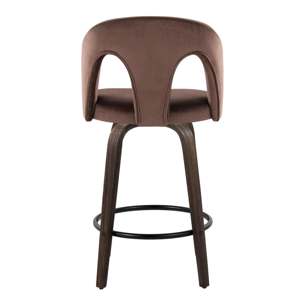 Ava Upholstered 26" Fixed-Height Counter Stool - Set of 2 - Walnut Glazed Wood, Espresso Velvet, Black Metal