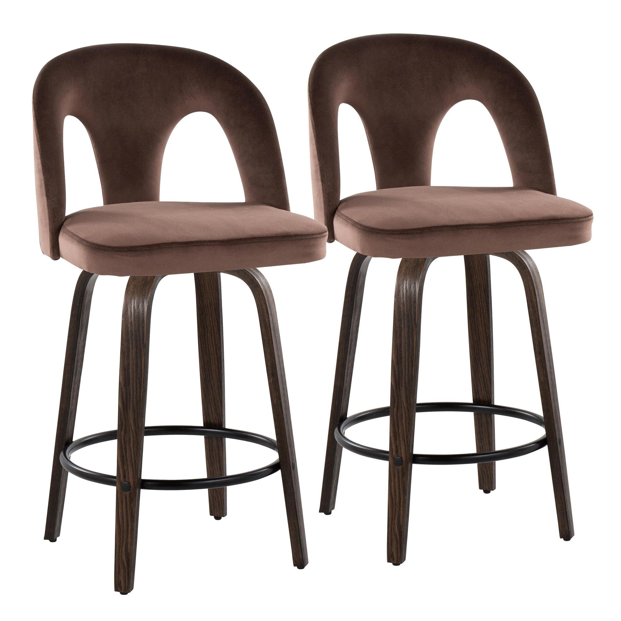 Ava Upholstered 26" Fixed-Height Counter Stool - Set of 2 - Walnut Glazed Wood, Espresso Velvet, Black Metal