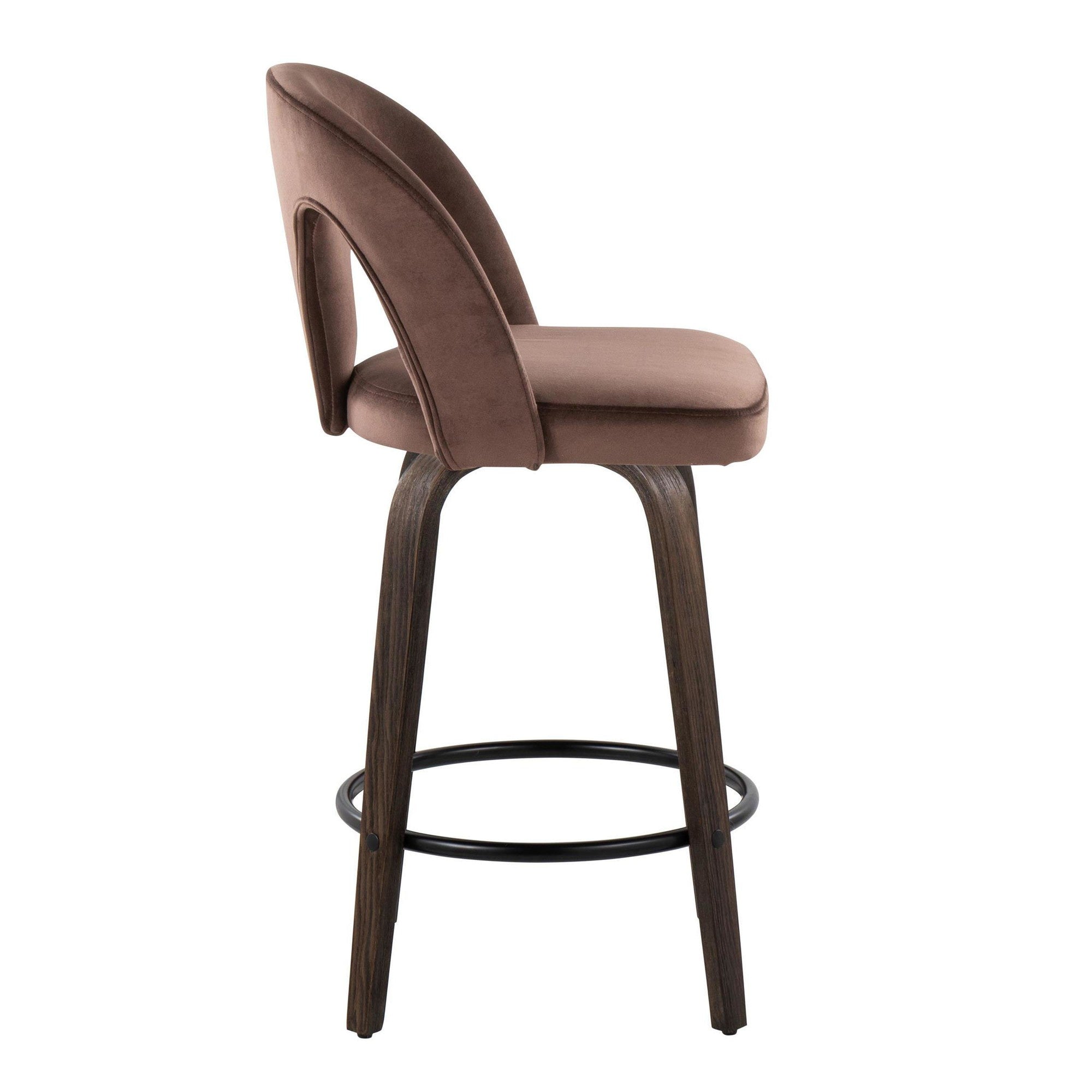 Ava Upholstered 26" Fixed-Height Counter Stool - Set of 2 - Walnut Glazed Wood, Espresso Velvet, Black Metal