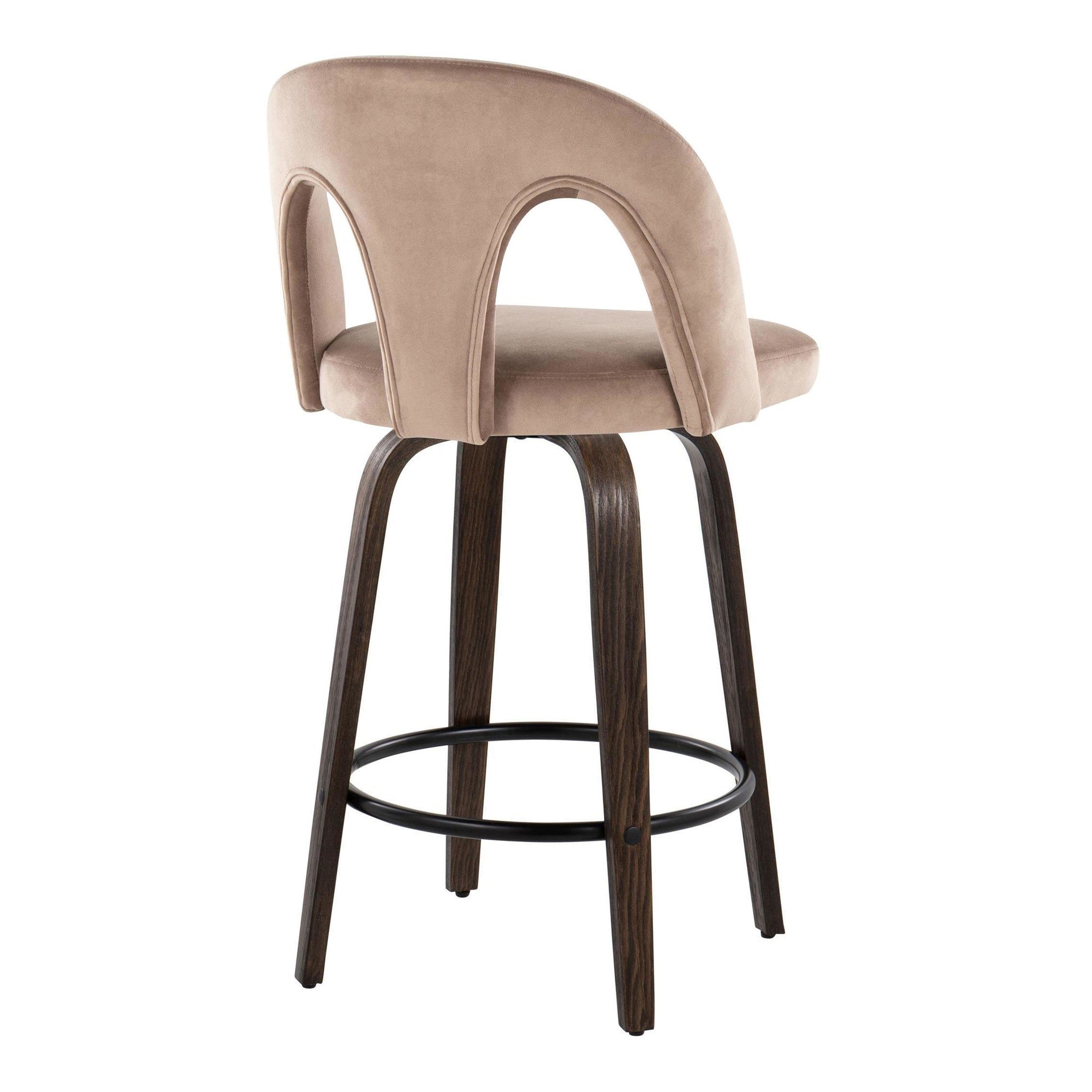 Ava Upholstered 26" Fixed-Height Counter Stool - Set of 2 - Walnut Glazed Wood, Taupe Velvet, Black Metal