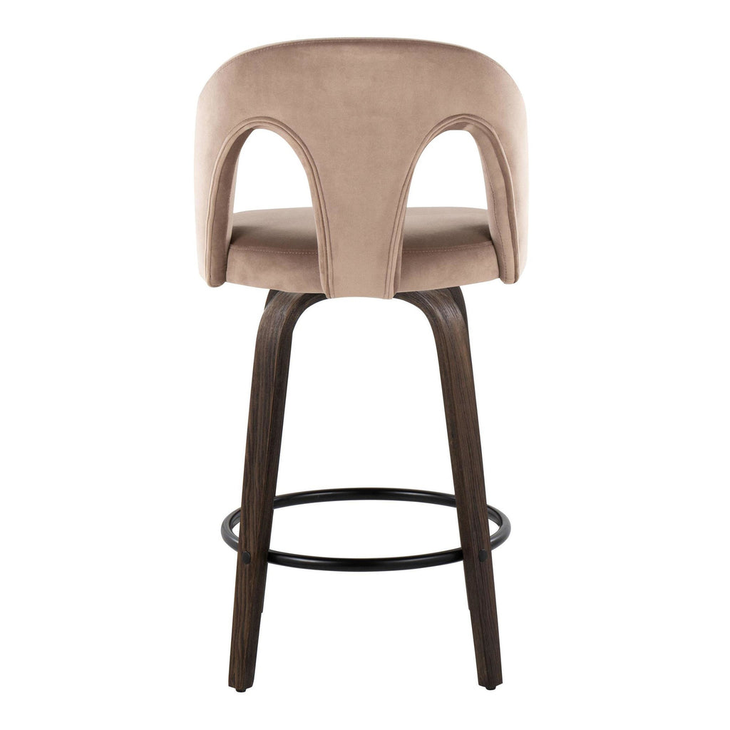 Ava Upholstered 26" Fixed-Height Counter Stool - Set of 2 - Walnut Glazed Wood, Taupe Velvet, Black Metal