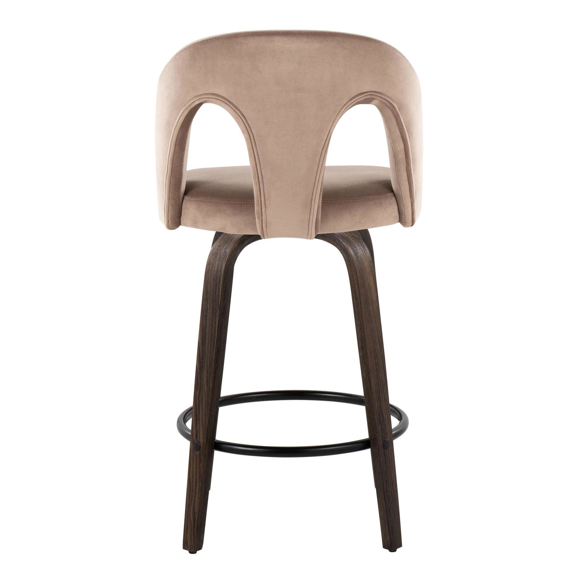 Ava Upholstered 26" Fixed-Height Counter Stool - Set of 2 - Walnut Glazed Wood, Taupe Velvet, Black Metal