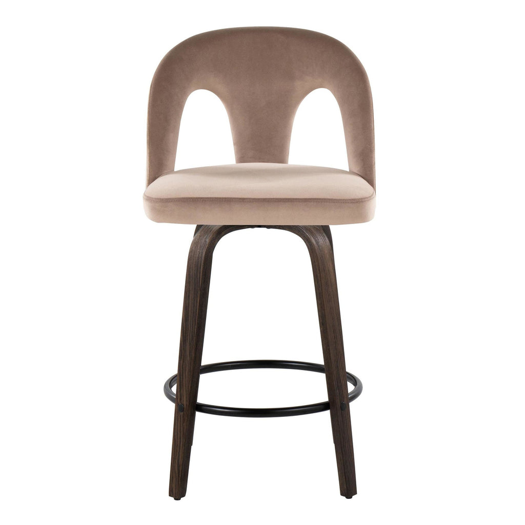 Ava Upholstered 26" Fixed-Height Counter Stool - Set of 2 - Walnut Glazed Wood, Taupe Velvet, Black Metal