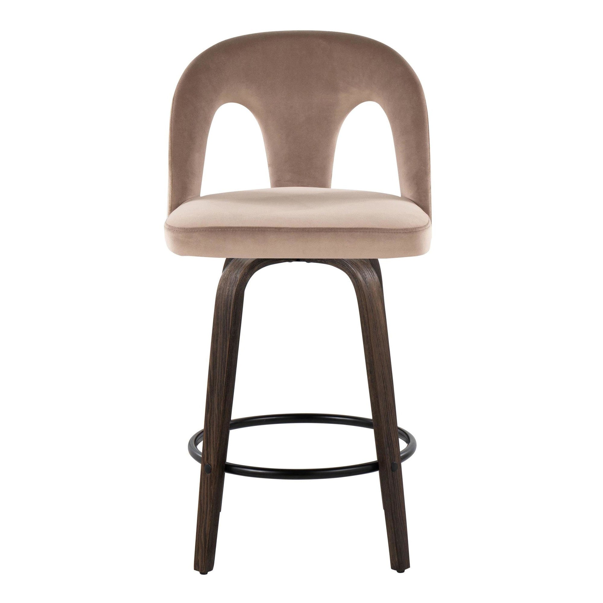Ava Upholstered 26" Fixed-Height Counter Stool - Set of 2 - Walnut Glazed Wood, Taupe Velvet, Black Metal