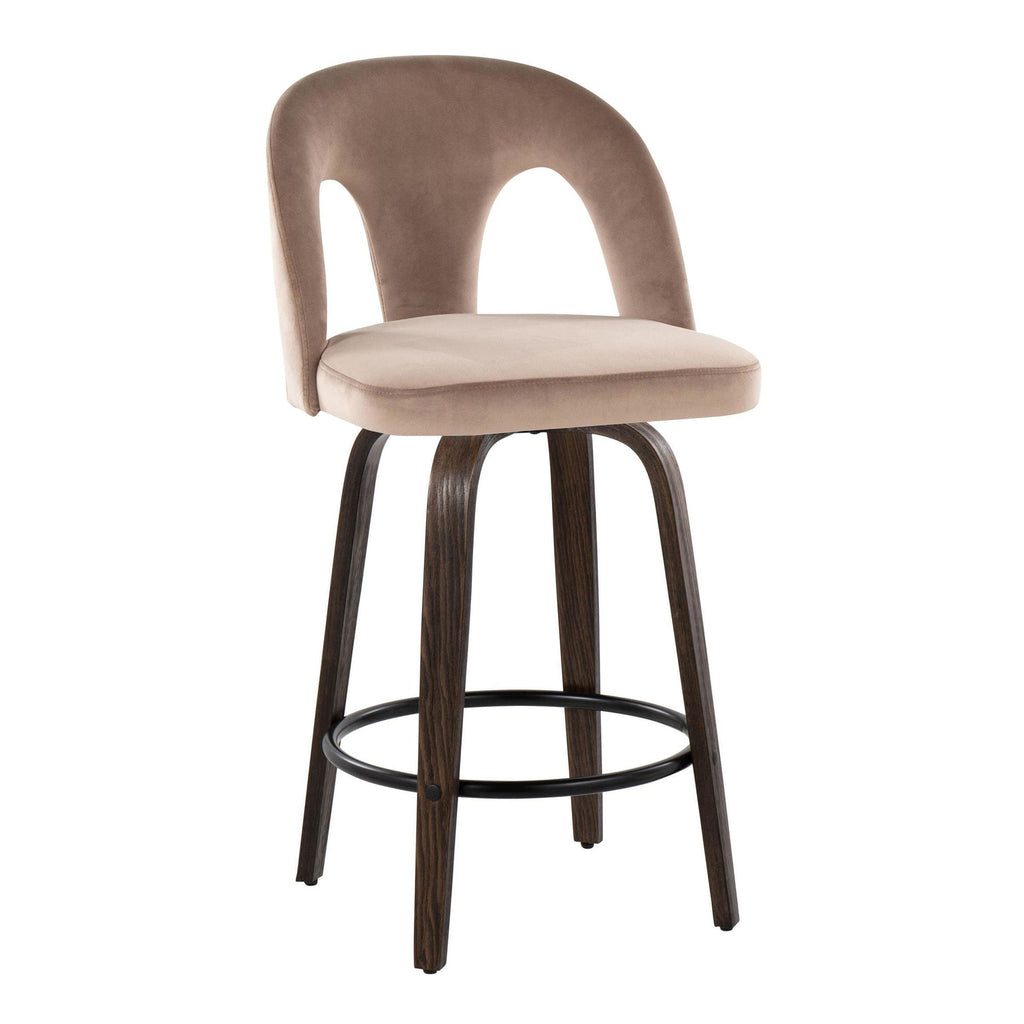 Ava Upholstered 26" Fixed-Height Counter Stool - Set of 2 - Walnut Glazed Wood, Taupe Velvet, Black Metal