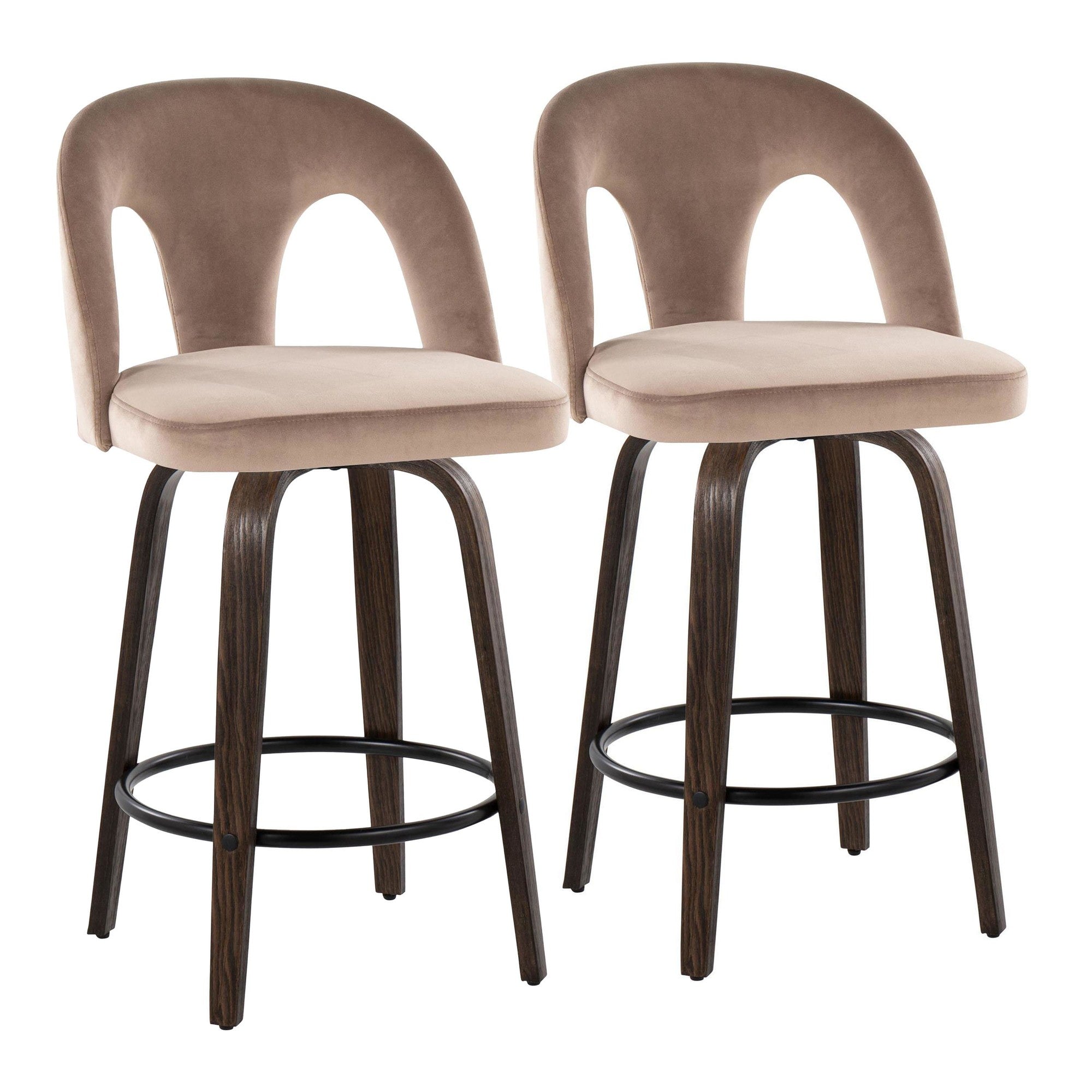 Ava Upholstered 26" Fixed-Height Counter Stool - Set of 2 - Walnut Glazed Wood, Taupe Velvet, Black Metal