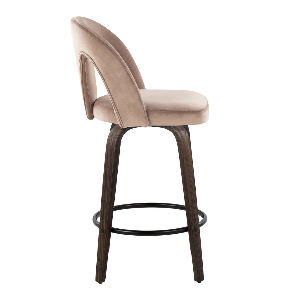 Ava Upholstered 26" Fixed-Height Counter Stool - Set of 2 - Walnut Glazed Wood, Taupe Velvet, Black Metal
