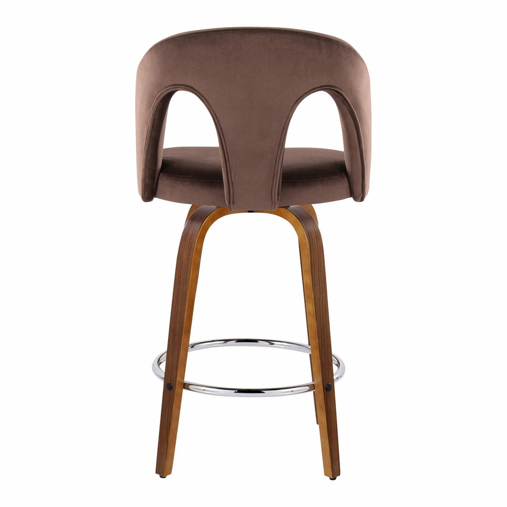 Ava Upholstered 26" Fixed-Height Counter Stool - Set of 2 - Walnut Wood, Espresso Velvet, Chrome Metal
