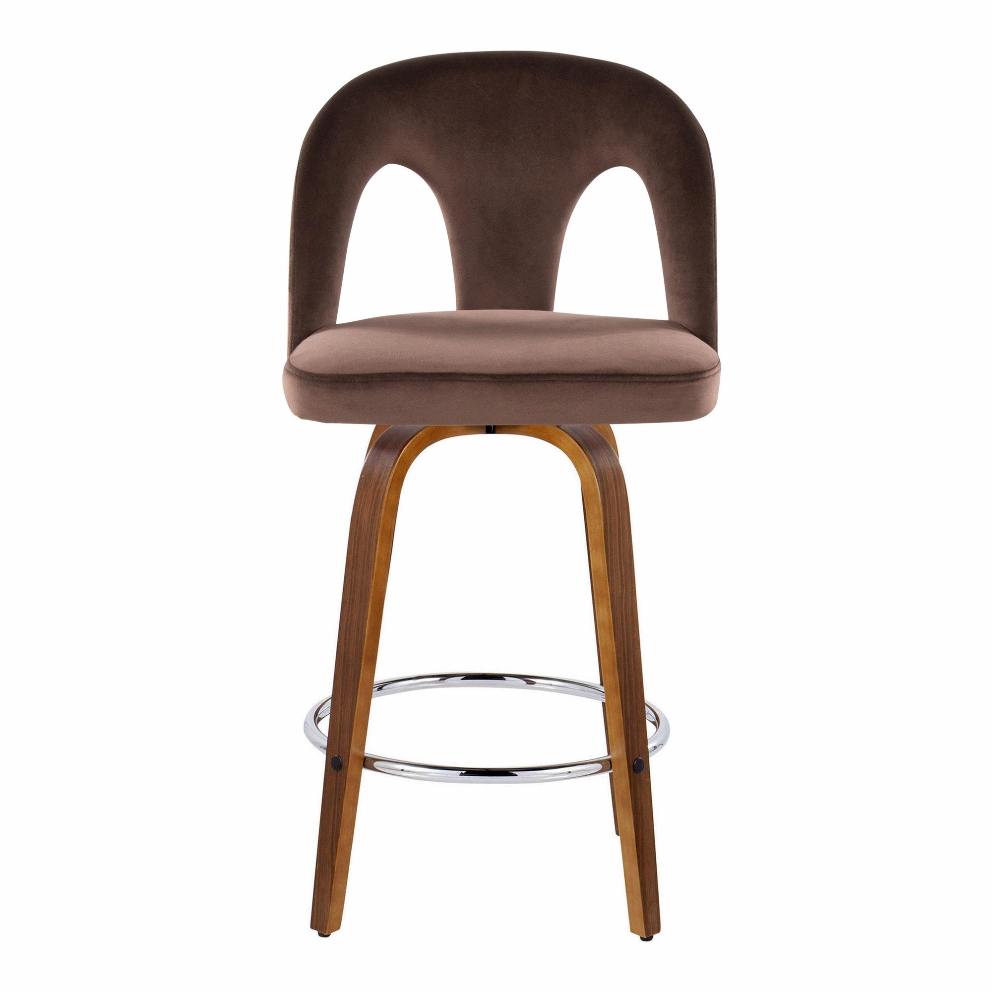 Ava Upholstered 26" Fixed-Height Counter Stool - Set of 2 - Walnut Wood, Espresso Velvet, Chrome Metal