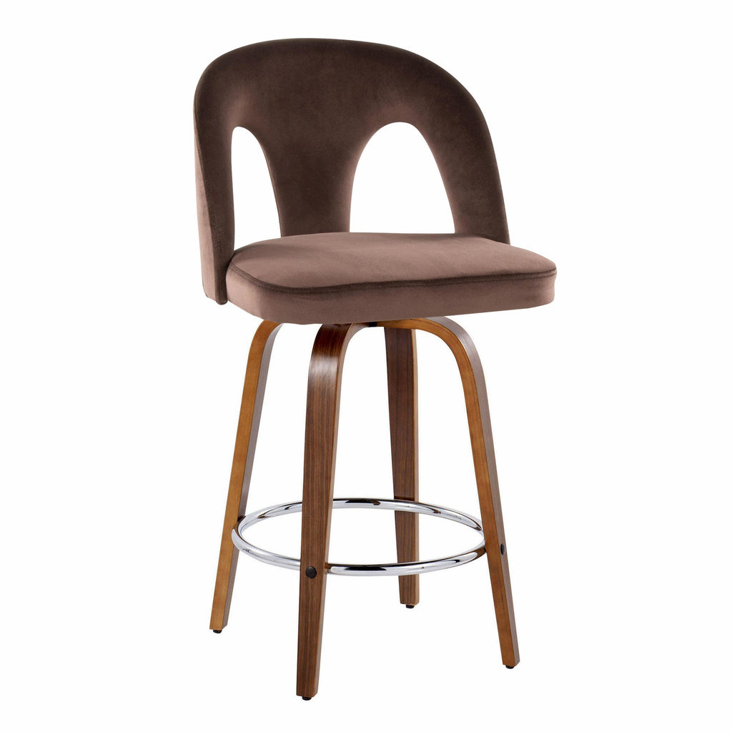 Ava Upholstered 26" Fixed-Height Counter Stool - Set of 2 - Walnut Wood, Espresso Velvet, Chrome Metal