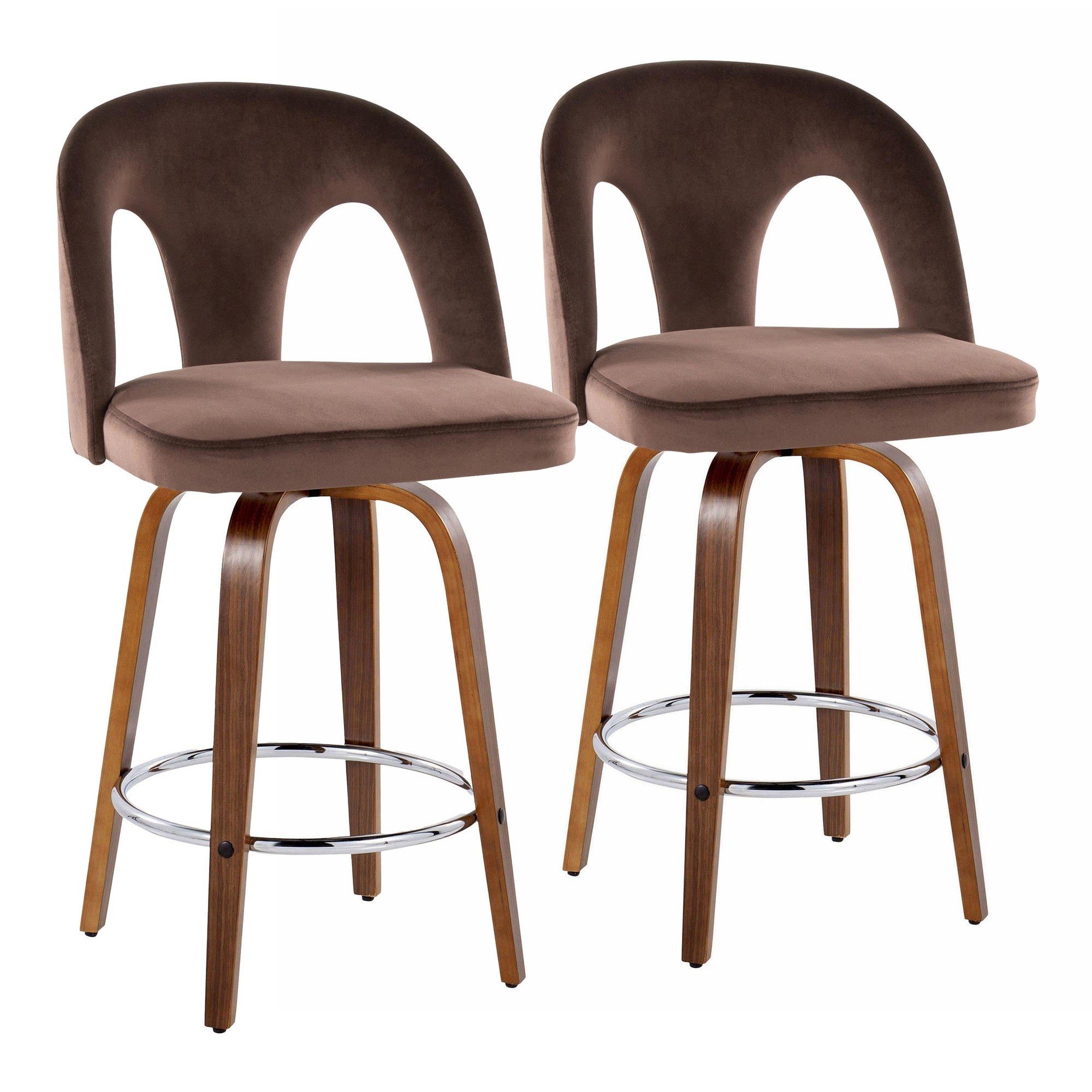 Ava Upholstered 26" Fixed-Height Counter Stool - Set of 2 - Walnut Wood, Espresso Velvet, Chrome Metal