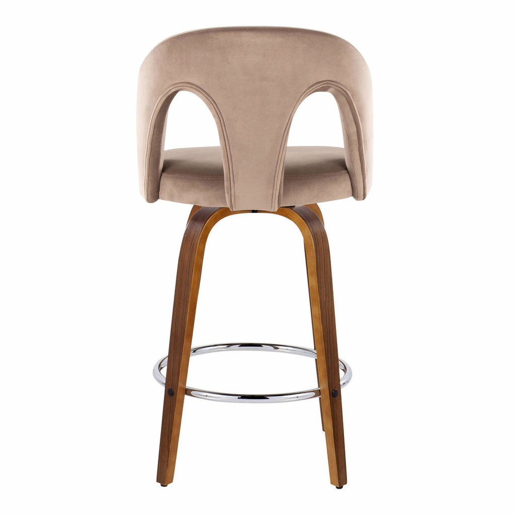 Ava Upholstered 26" Fixed-Height Counter Stool - Set of 2 - Walnut Wood, Taupe Velvet, Chrome Metal