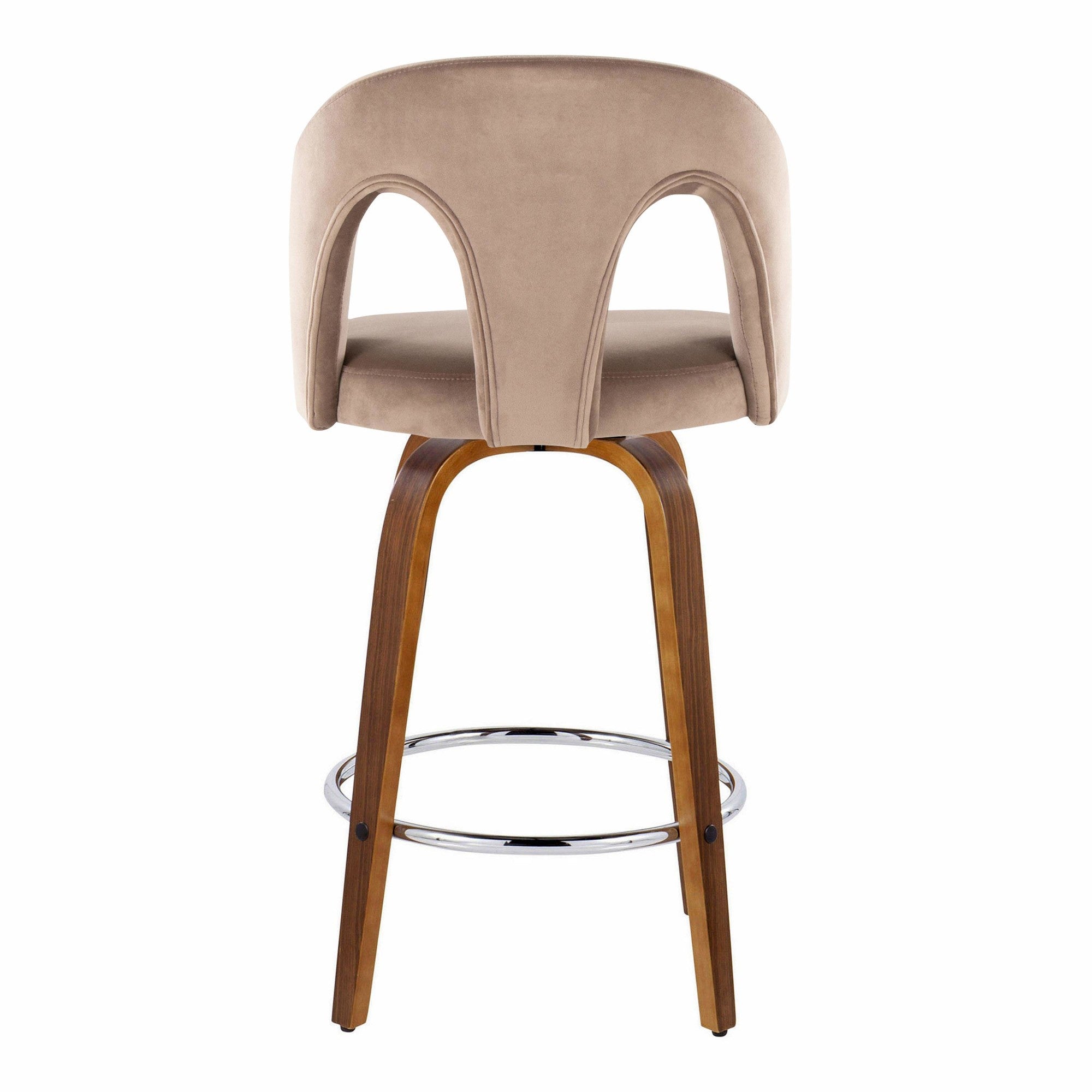 Ava Upholstered 26" Fixed-Height Counter Stool - Set of 2 - Walnut Wood, Taupe Velvet, Chrome Metal