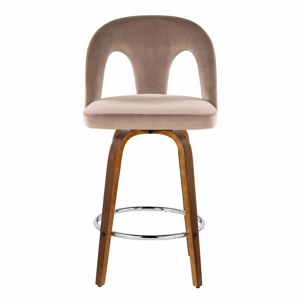 Ava Upholstered 26" Fixed-Height Counter Stool - Set of 2 - Walnut Wood, Taupe Velvet, Chrome Metal