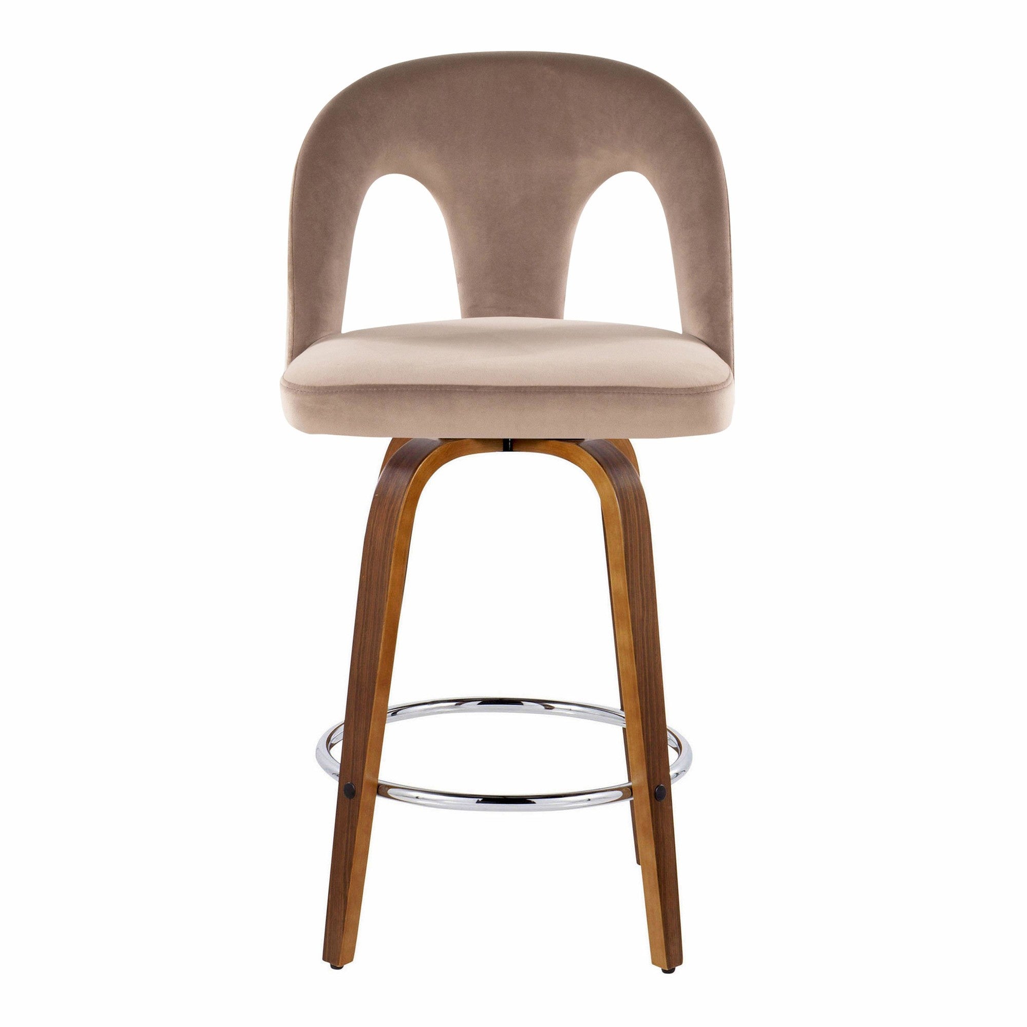 Ava Upholstered 26" Fixed-Height Counter Stool - Set of 2 - Walnut Wood, Taupe Velvet, Chrome Metal
