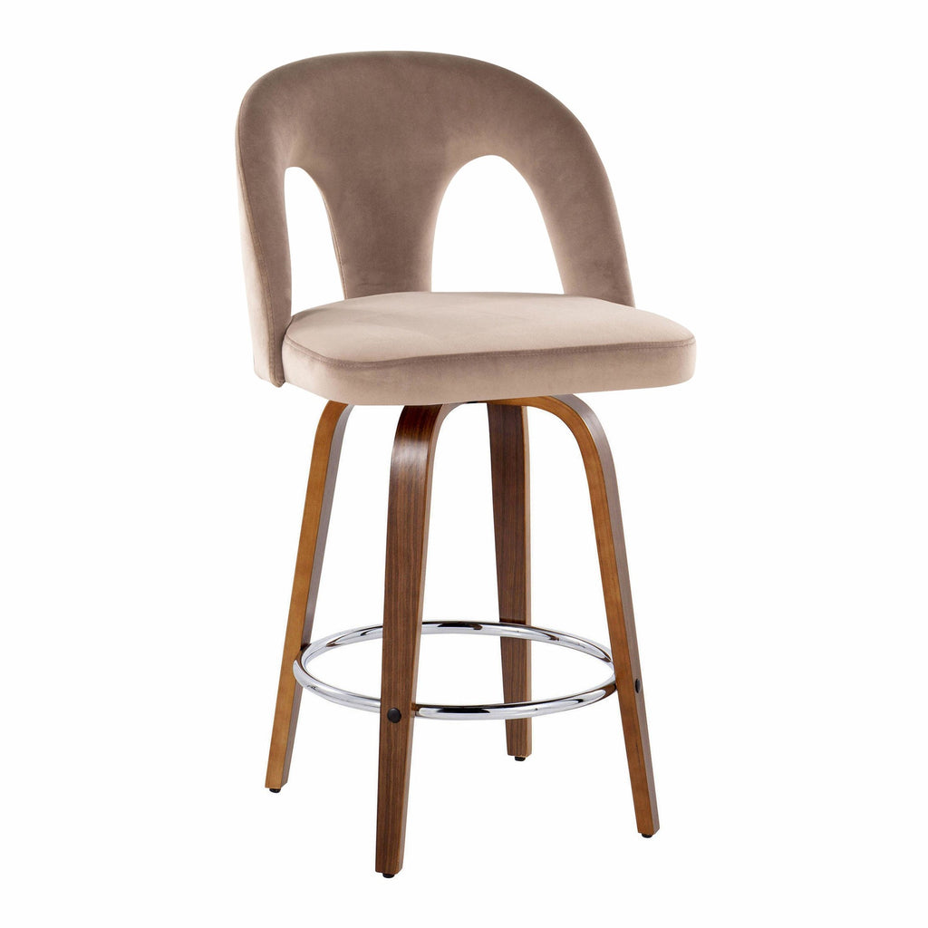 Ava Upholstered 26" Fixed-Height Counter Stool - Set of 2 - Walnut Wood, Taupe Velvet, Chrome Metal