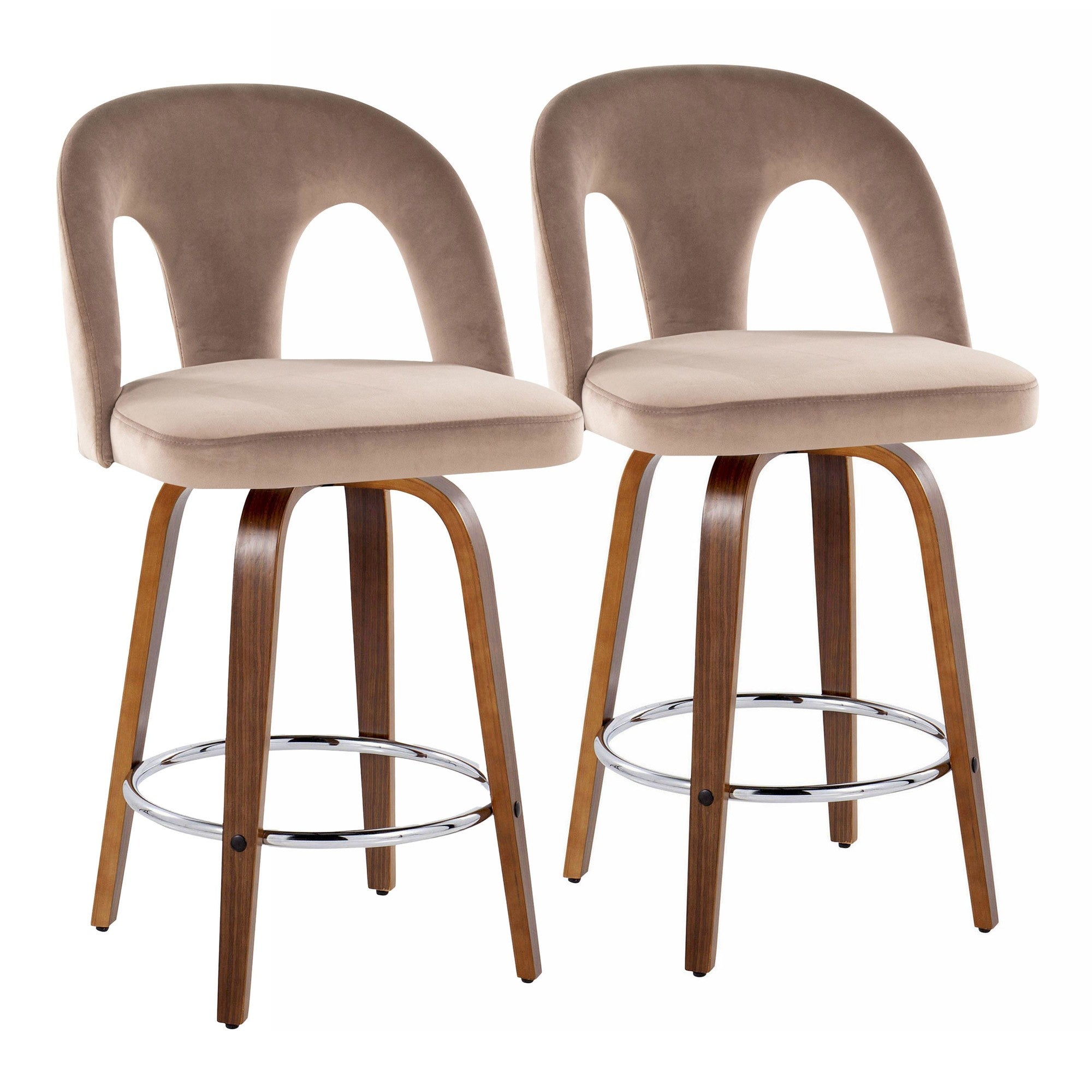Ava Upholstered 26" Fixed-Height Counter Stool - Set of 2 - Walnut Wood, Taupe Velvet, Chrome Metal