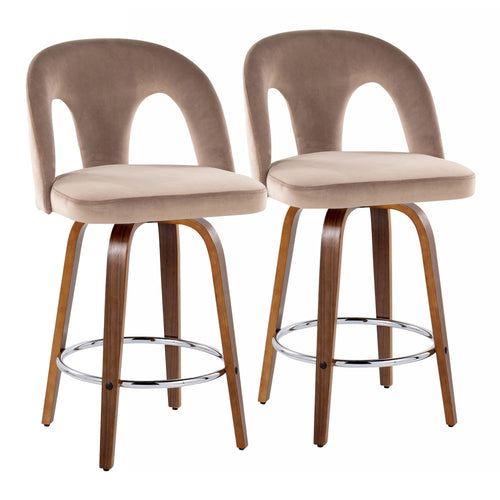Ava Upholstered 26" Fixed-Height Counter Stool - Set of 2 - Walnut Wood, Taupe Velvet, Chrome Metal