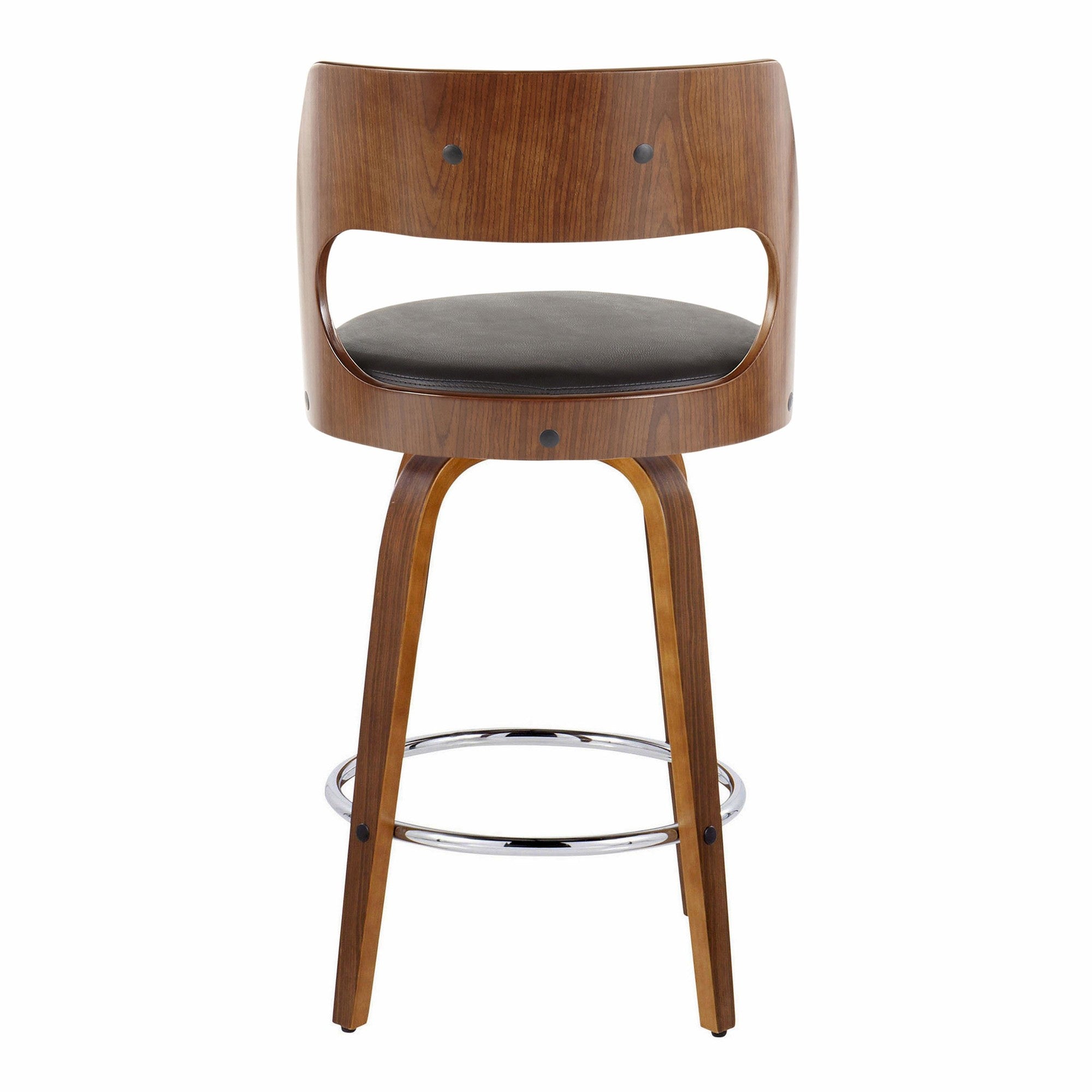 Cecina 26'' Fixed-Height Counter Stool - Set of 2 - Walnut Wood, Brown PU, Chrome Metal