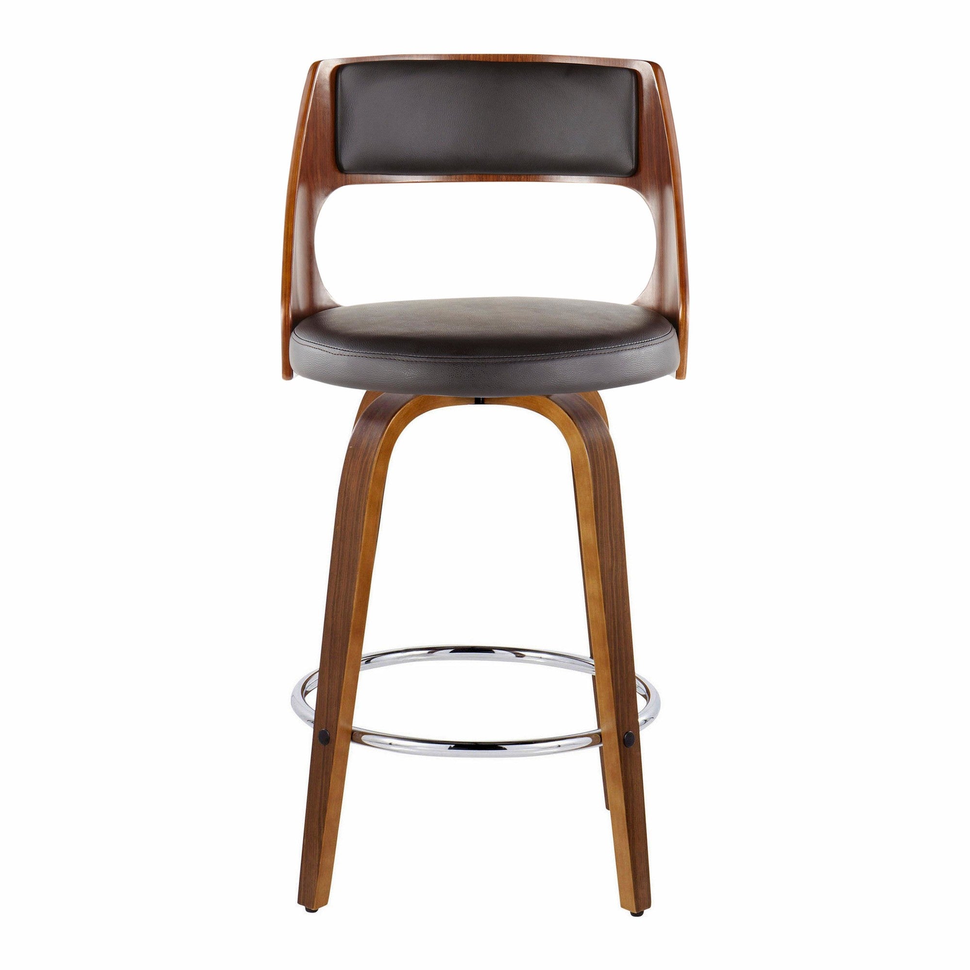 Cecina 26'' Fixed-Height Counter Stool - Set of 2 - Walnut Wood, Brown PU, Chrome Metal