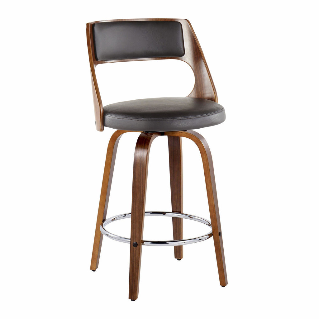 Cecina 26'' Fixed-Height Counter Stool - Set of 2 - Walnut Wood, Brown PU, Chrome Metal