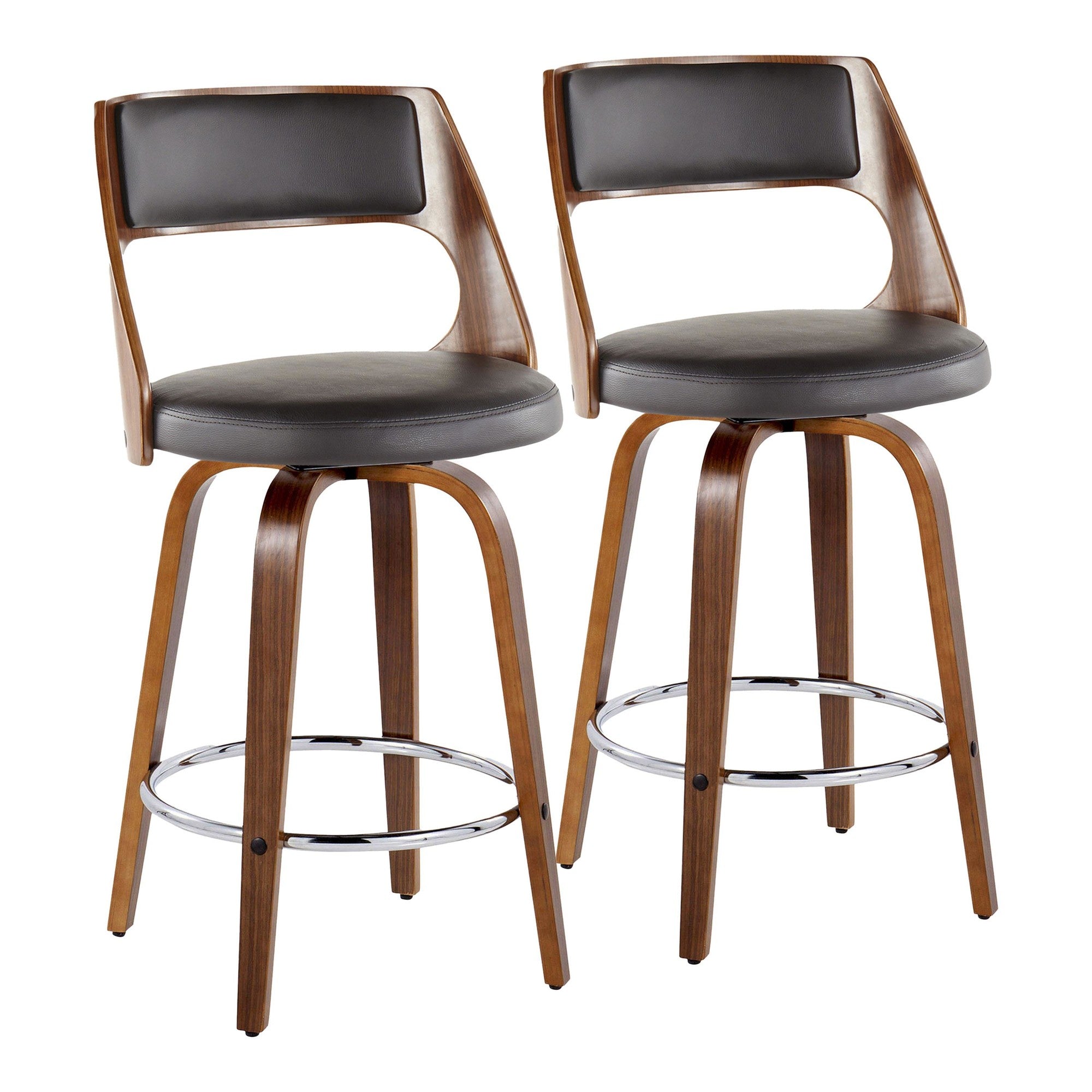 Cecina 26'' Fixed-Height Counter Stool - Set of 2 - Walnut Wood, Brown PU, Chrome Metal