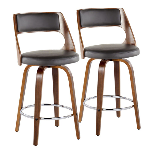 Cecina 26'' Fixed-Height Counter Stool - Set of 2 - Walnut Wood, Brown PU, Chrome Metal